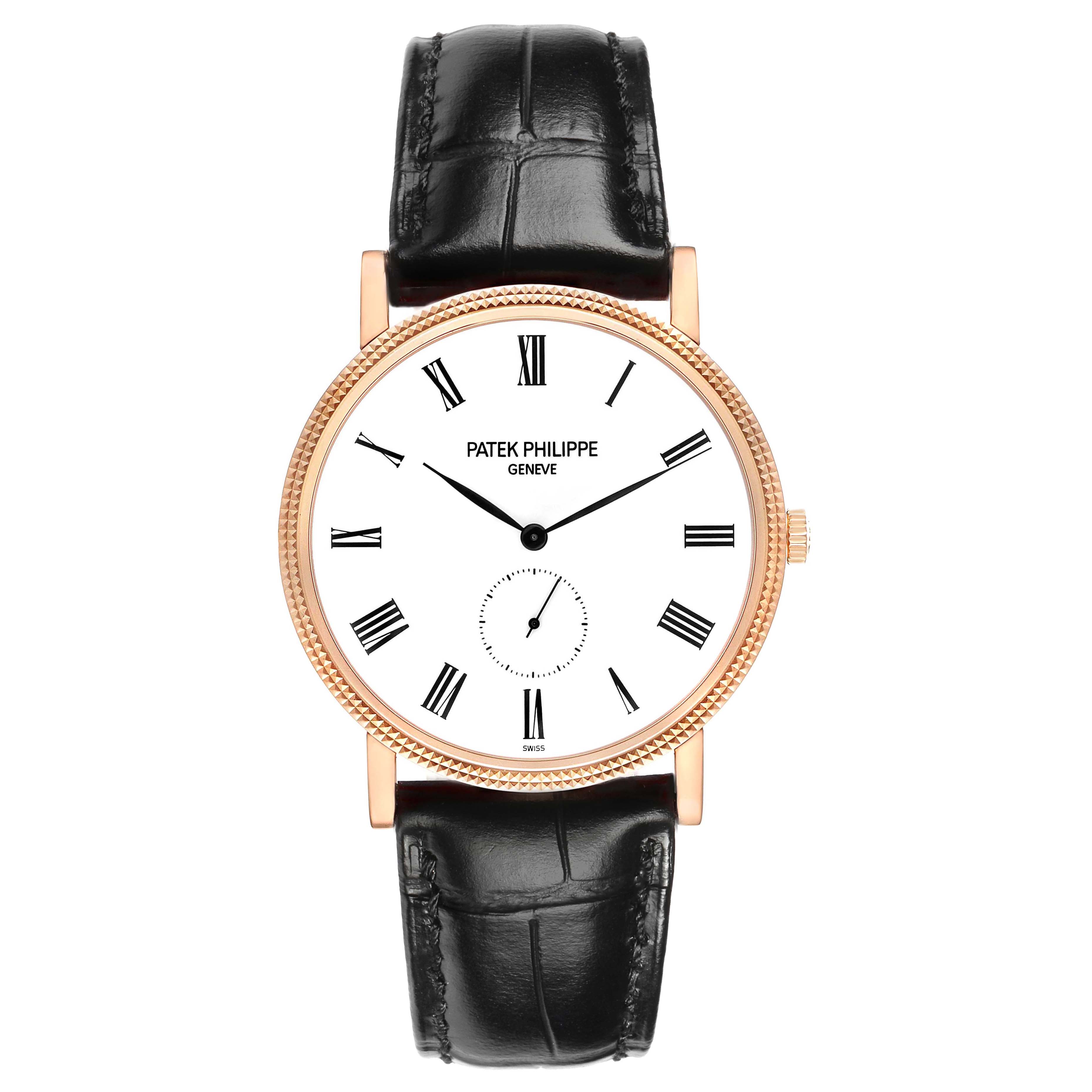 The Patek Philippe Calatrava 5119R-001 Men's Rose Gold White Dial watch is shown from a top-down angle, featuring the dial, Roman numerals, hands, and black leather strap.