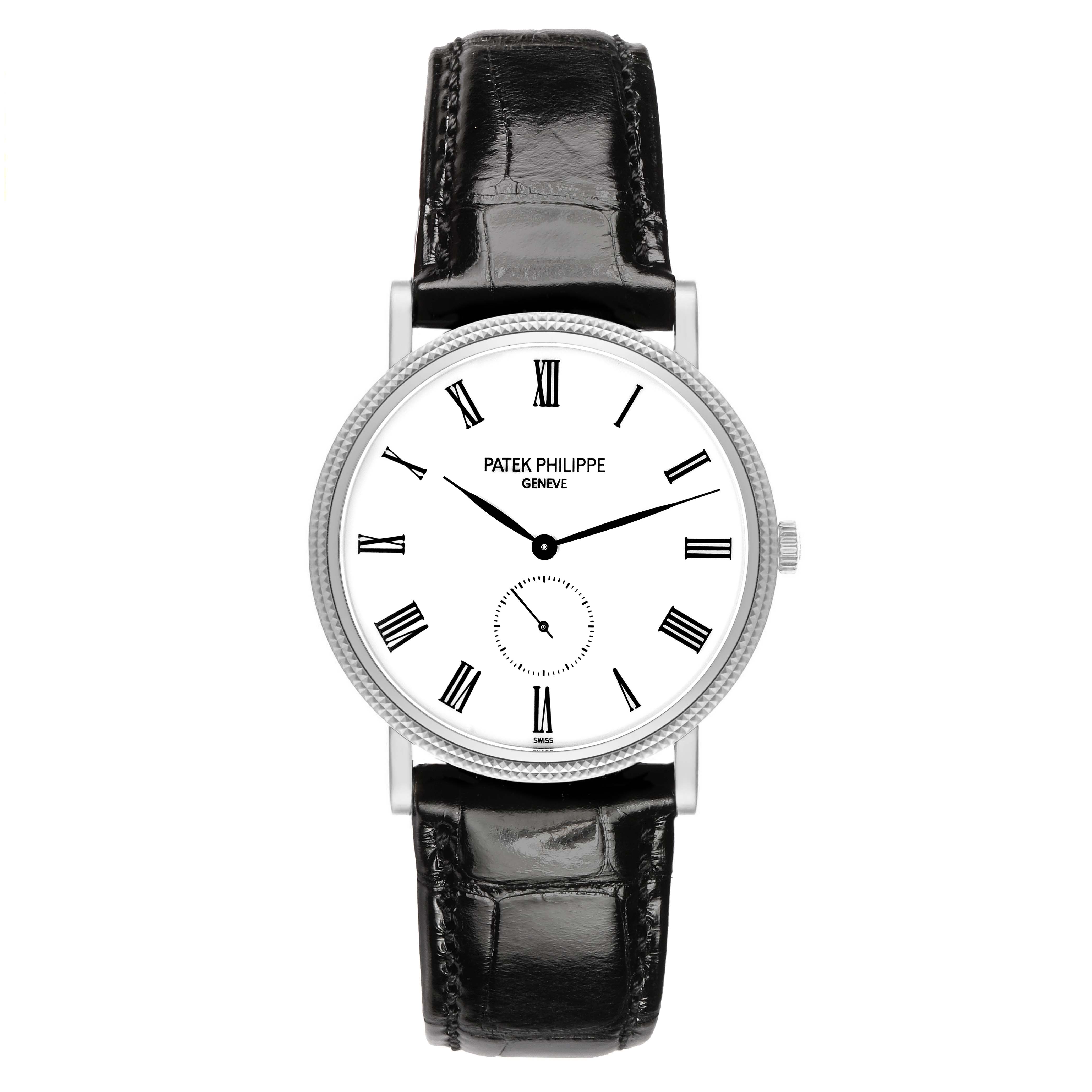 The Patek Philippe Calatrava 5119G-001 Men's White Gold White Dial watch is shown from the front, displaying the dial, Roman numerals, and leather strap.