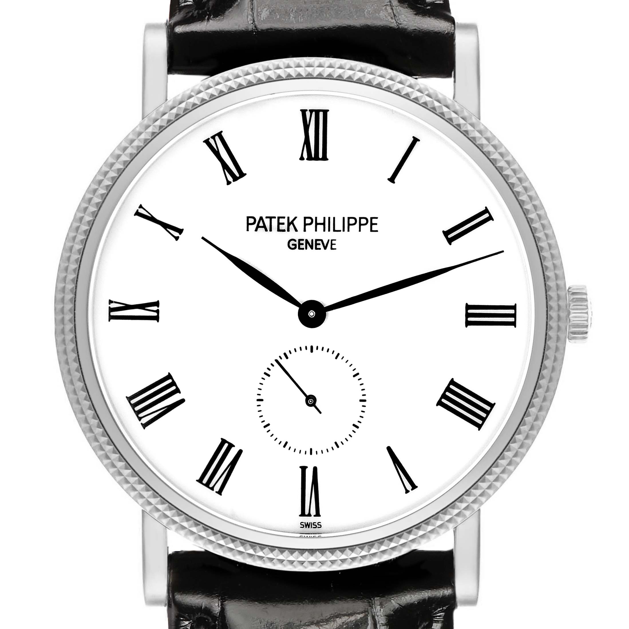 The Patek Philippe Calatrava 5119G-001 Men's White Gold White Dial watch is shown from the front, highlighting the face, bezel, crown, and part of the strap.