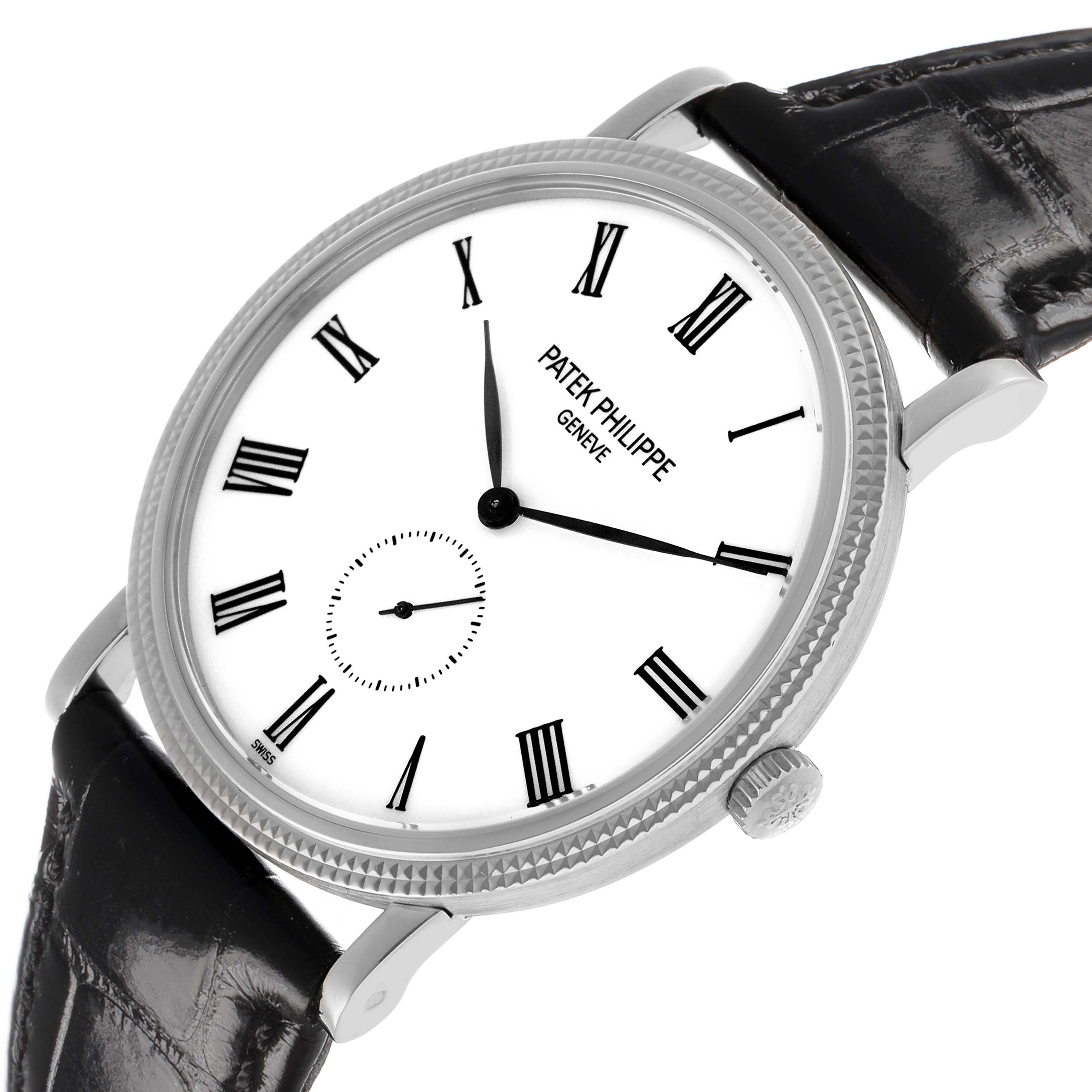 The Patek Philippe Calatrava 5119G-001 Men's White Gold White Dial watch is shown at a slight angle, displaying the face, Roman numeral markers, bezel, crown, and leather strap.