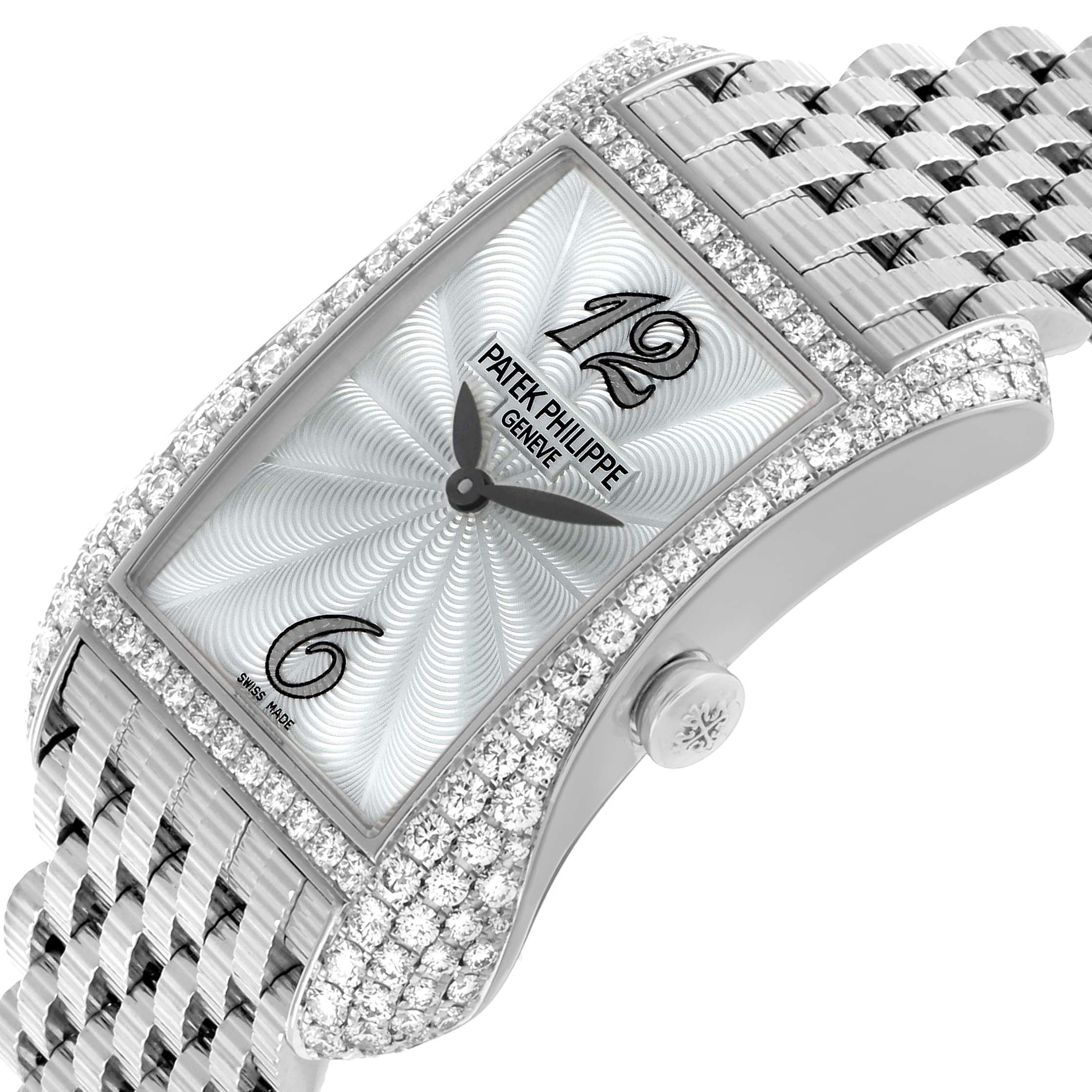 The Patek Philippe Gondolo 4972/1G-001 Women's White Gold Mother of Pearl Dial watch is shown at an angled view, highlighting the diamond-studded bezel and silver dial.