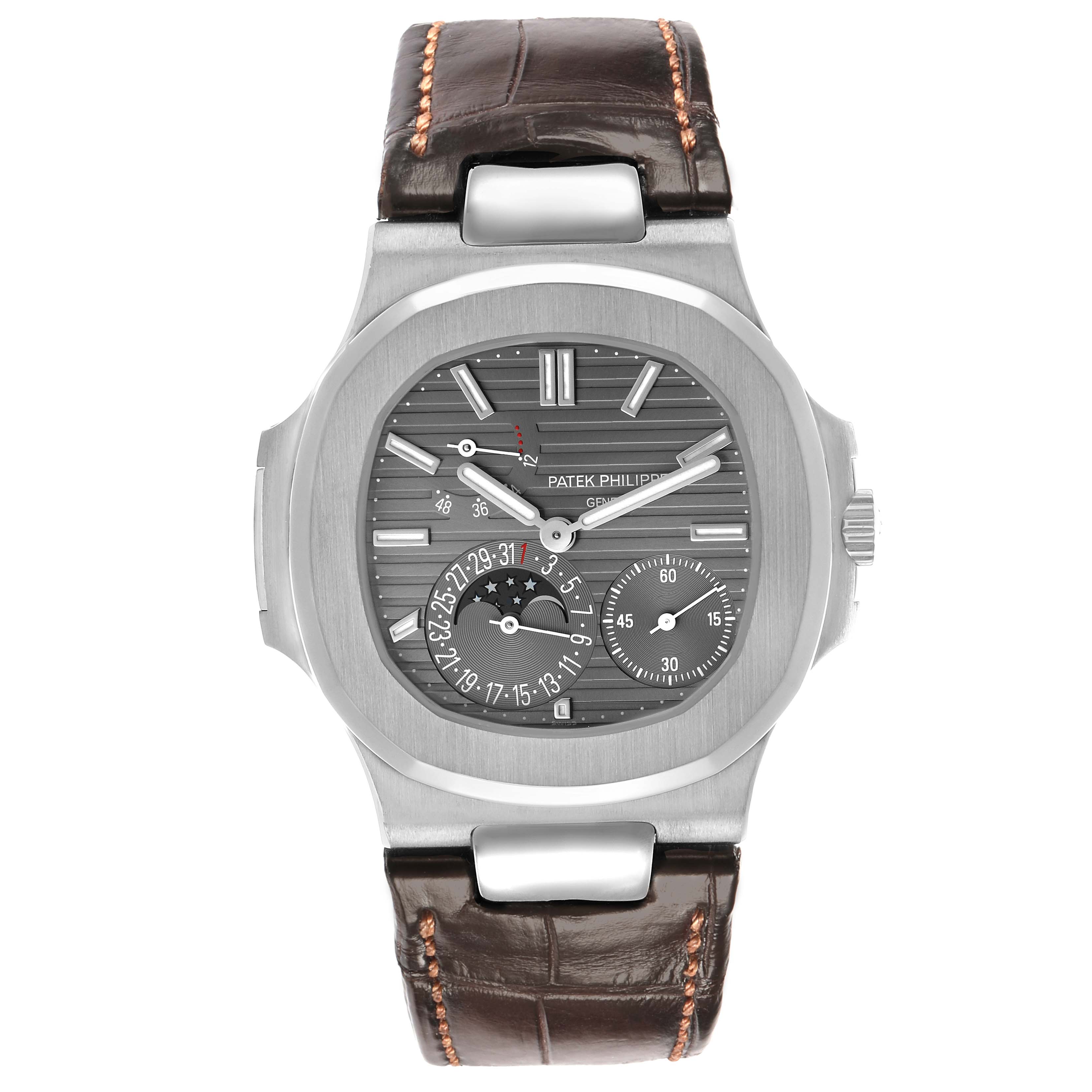 This image shows a front view of the Patek Philippe Nautilus 5712G-001 Men's White Gold Grey Dial watch, highlighting the face, dial, and leather strap.
