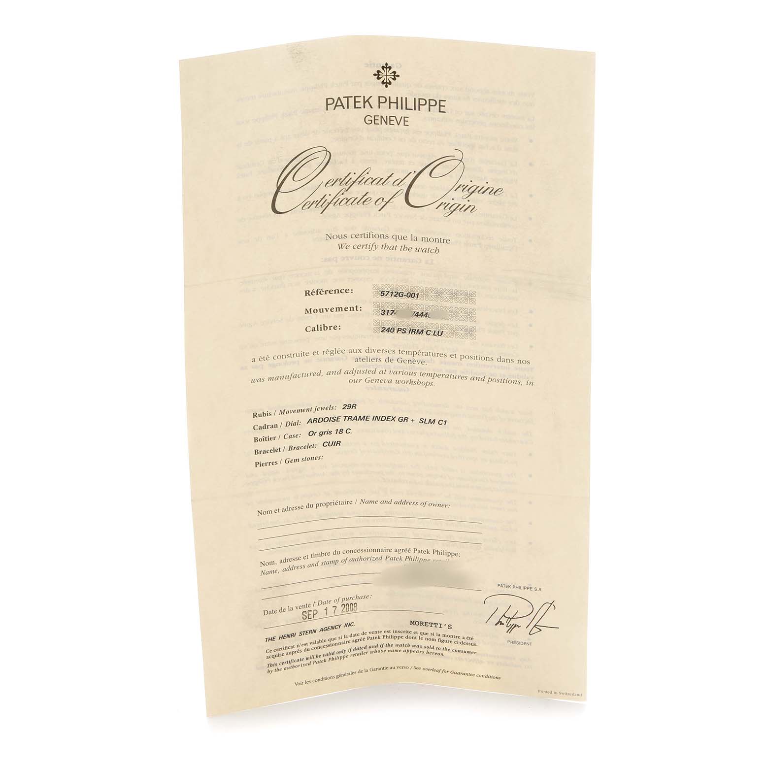 This is a certificate for a Patek Philippe Nautilus 5712G-001 Men's White Gold Grey Dial watch, showing details and specifications.