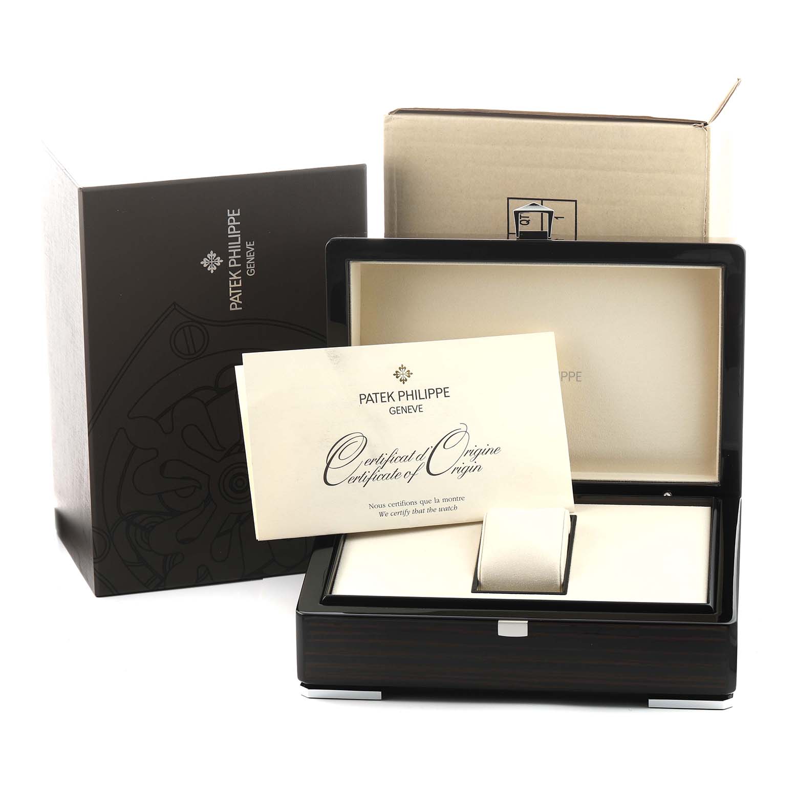 The image shows the Patek Philippe Nautilus 5712G-001 Men's White Gold Grey Dial watch box and certificate from a frontal angle.