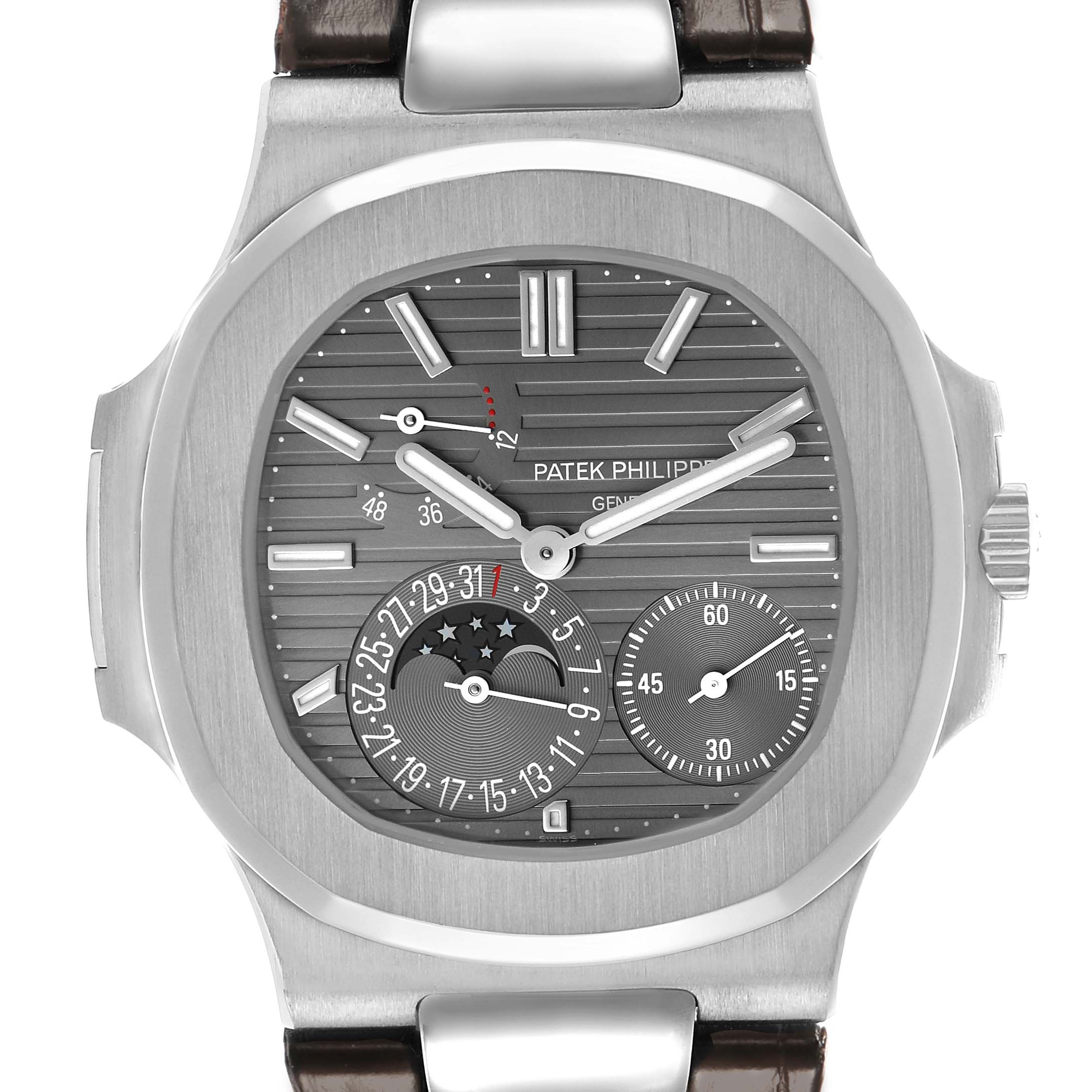 The Patek Philippe Nautilus 5712G-001 Men's White Gold Grey Dial watch is shown from the front, displaying its dial, subdials, and part of the strap.