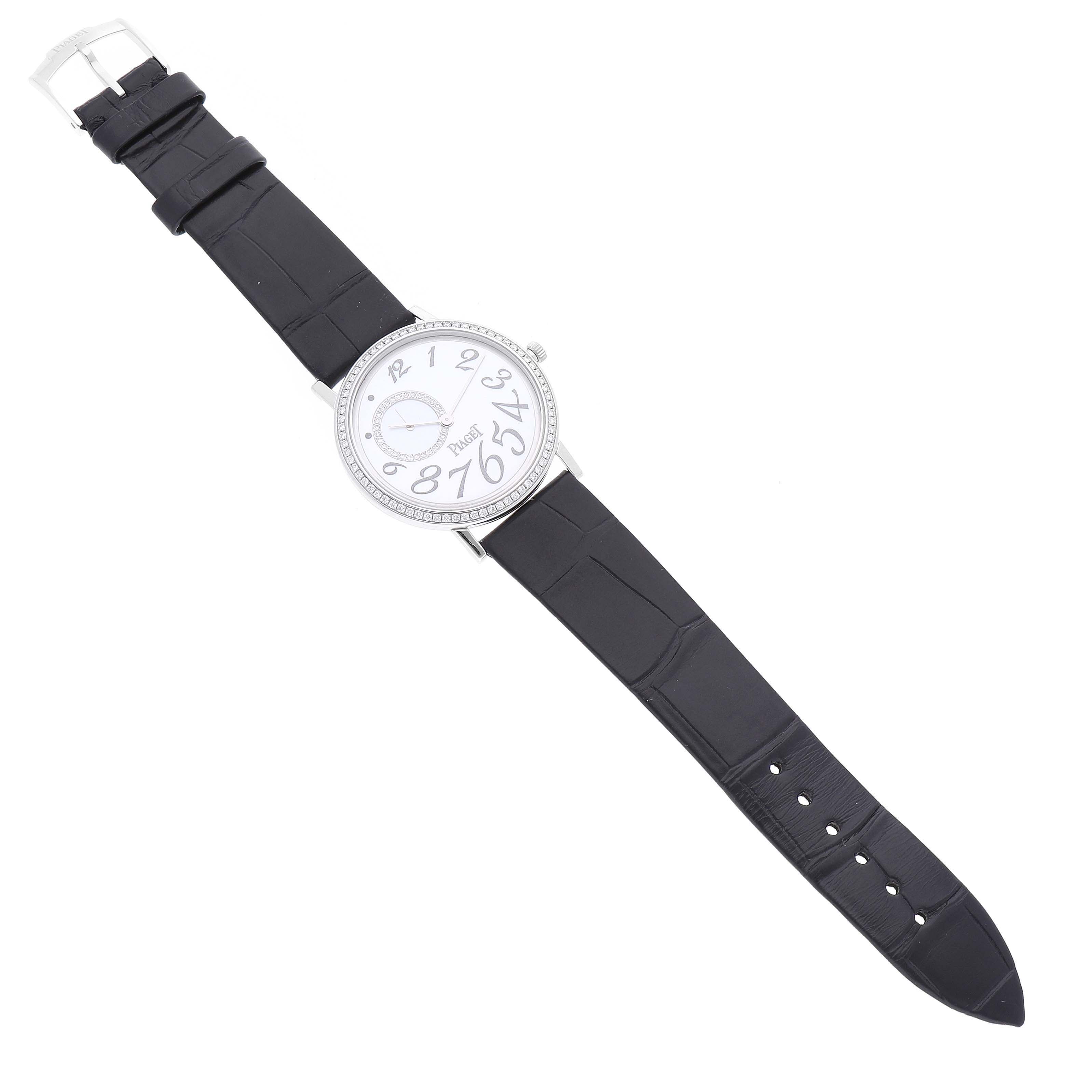 The image shows a full top view of the Piaget GOA31106 Men's White Gold Mother of Pearl Dial GOA31106 Men's White Gold Mother of Pearl Dial Altiplano Mother Of Pearl White Gold Diamond Men's Watch GOA31106, focusing on the dial, strap, and buckle.