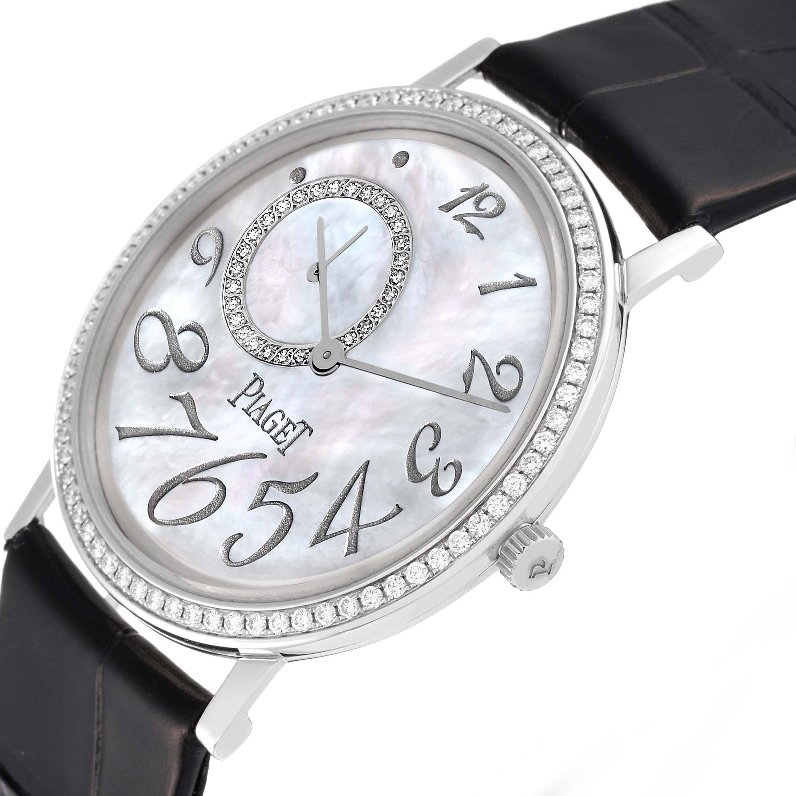 The Piaget GOA31106 Men's White Gold Mother of Pearl Dial GOA31106 Men's White Gold Mother of Pearl Dial Altiplano Mother Of Pearl White Gold Diamond Men's Watch GOA31106 is shown at an angle emphasizing the dial and case.
