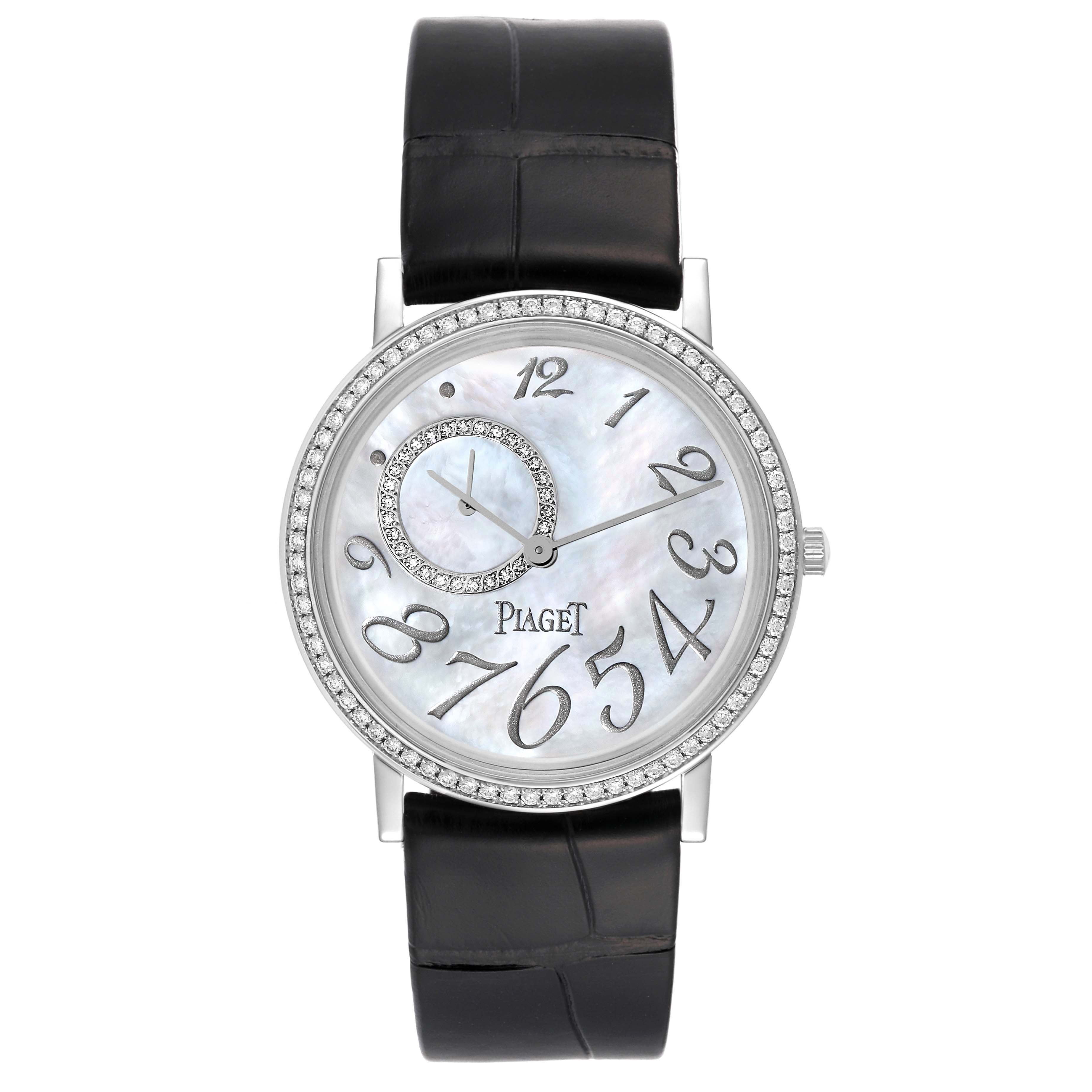 The Piaget GOA31106 Men's White Gold Mother of Pearl Dial GOA31106 Men's White Gold Mother of Pearl Dial Altiplano GOA31106 watch is shown from a front angle, displaying its face, white gold diamond bezel, and black leather strap.