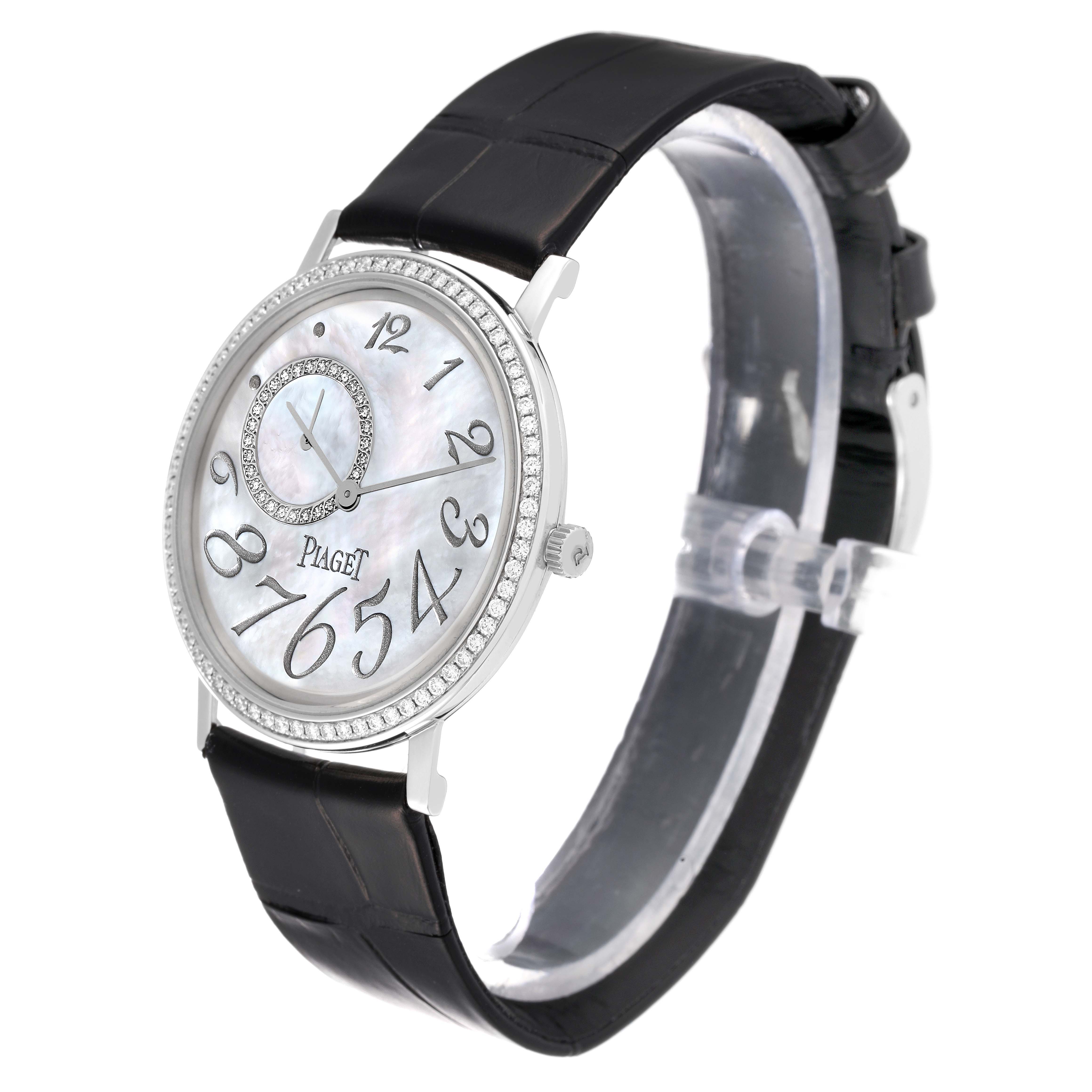 The Piaget GOA31106 Men's White Gold Mother of Pearl Dial GOA31106 Men's White Gold Mother of Pearl Dial Altiplano Mother Of Pearl White Gold Diamond Mens Watch model GOA31106 is shown at a three-quarter angle, highlighting the face, strap, and crown.