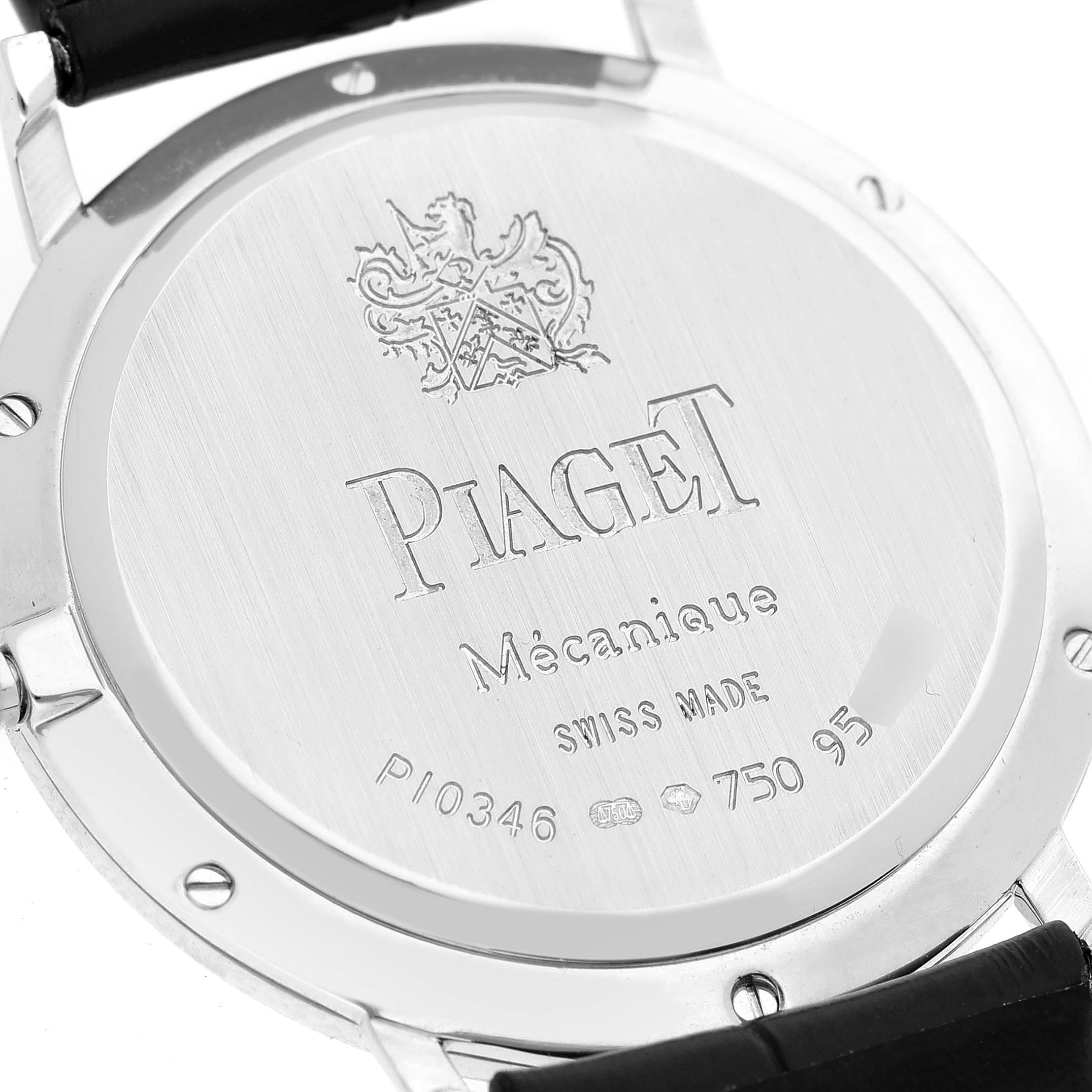 The image shows the back case of the Piaget GOA31106 Men's White Gold Mother of Pearl Dial GOA31106 Men's White Gold Mother of Pearl Dial Altiplano Mother Of Pearl White Gold Diamond Mens Watch GOA31106 model.