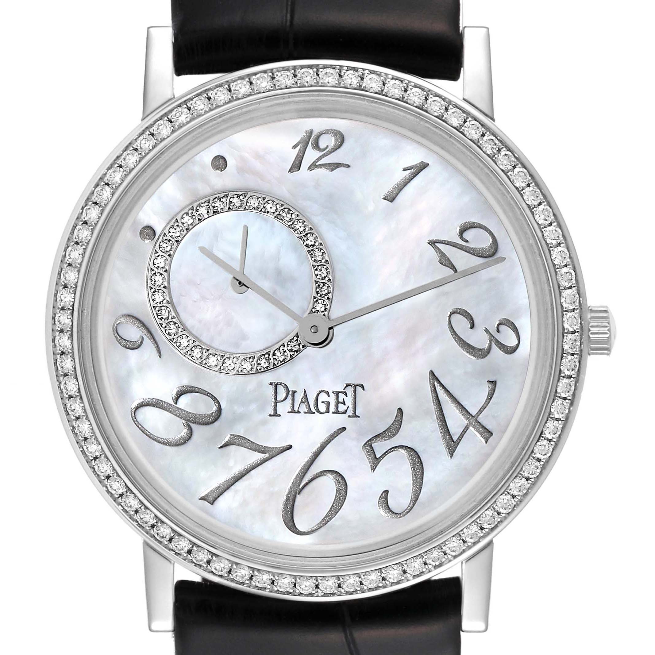 The Piaget GOA31106 Men's White Gold Mother of Pearl Dial GOA31106 Men's White Gold Mother of Pearl Dial Altiplano GOA31106 watch is shown from the front, highlighting its mother of pearl dial, diamonds, and black strap.