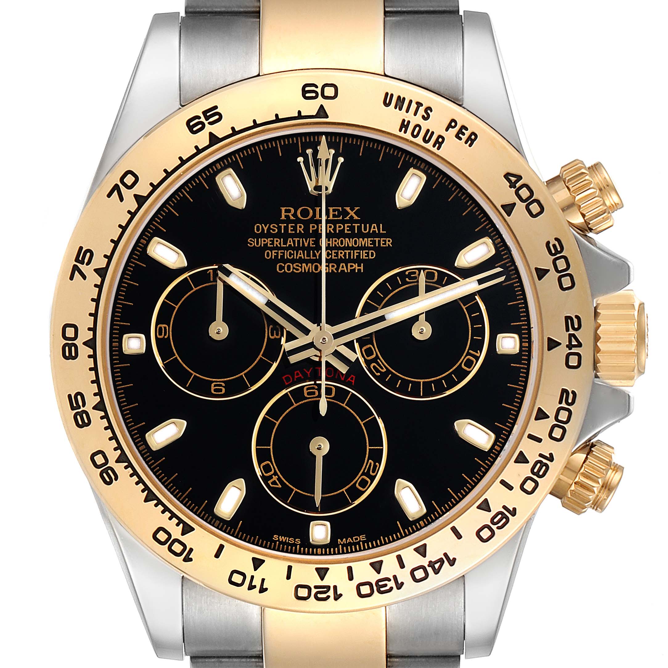 The image shows a front view of the Rolex Daytona 116503 Men's Steel and Gold (two tone) Black Dial 116503 Men's Steel and Gold (two tone) Black Dial watch, highlighting the black dial, gold bezel, and sub-dials.