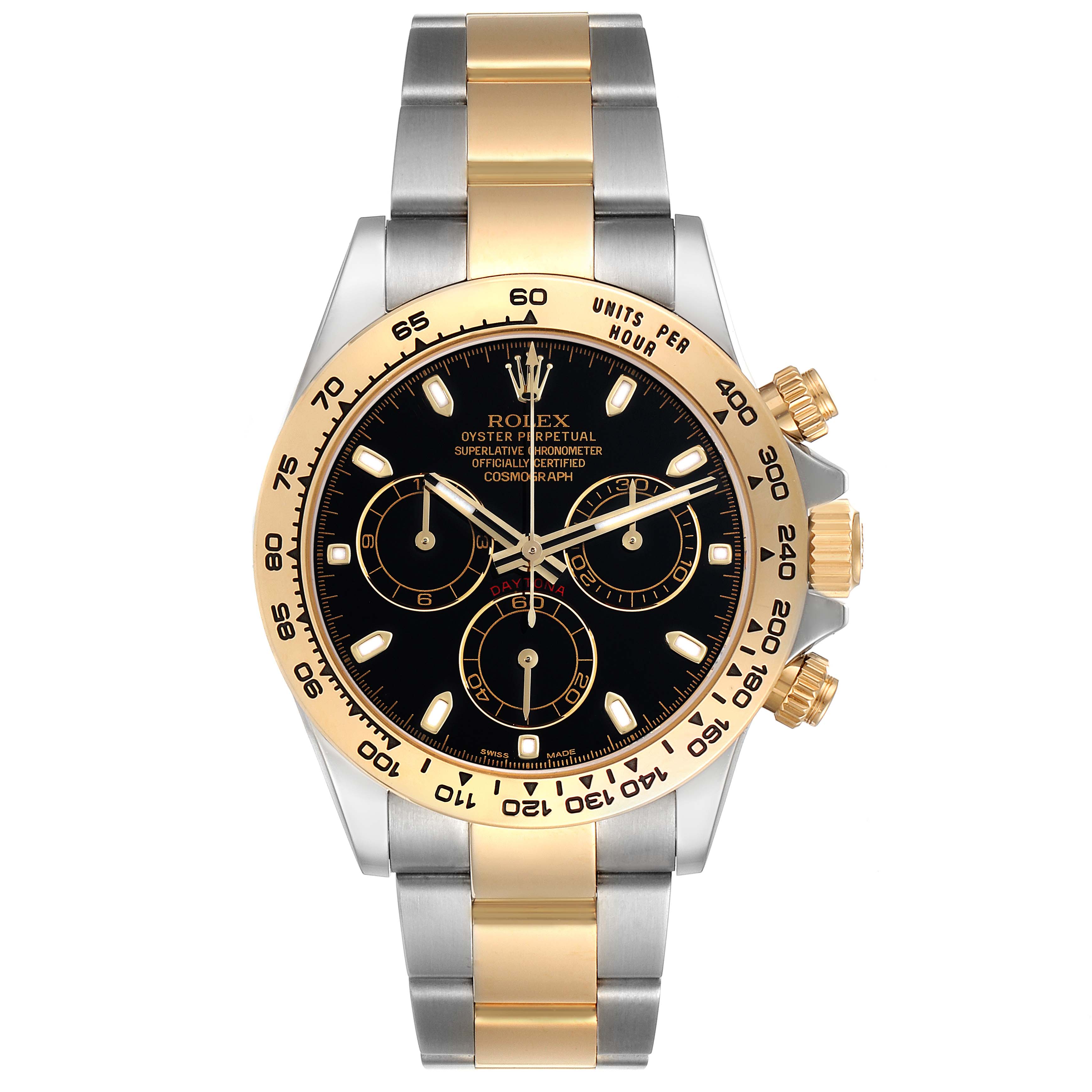 This Rolex Daytona 116503 Men's Steel and Gold (two tone) Black Dial 116503 Men's Steel and Gold (two tone) Black Dial watch is shown from a front angle, highlighting its two-tone bracelet, black dial, and gold bezel with subdials.