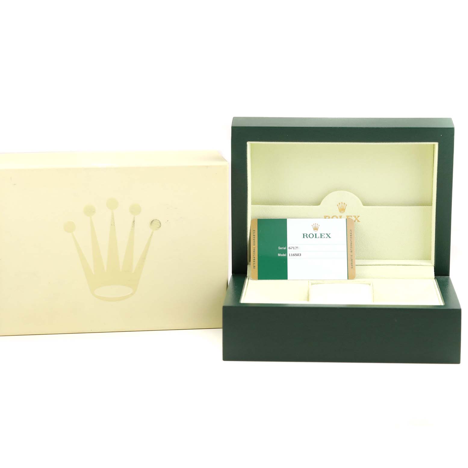 The image shows the open box and outer packaging for a Rolex Daytona 116503 Men's Steel and Gold (two tone) Black Dial 116503 Men's Steel and Gold (two tone) Black Dial watch, along with a warranty card.