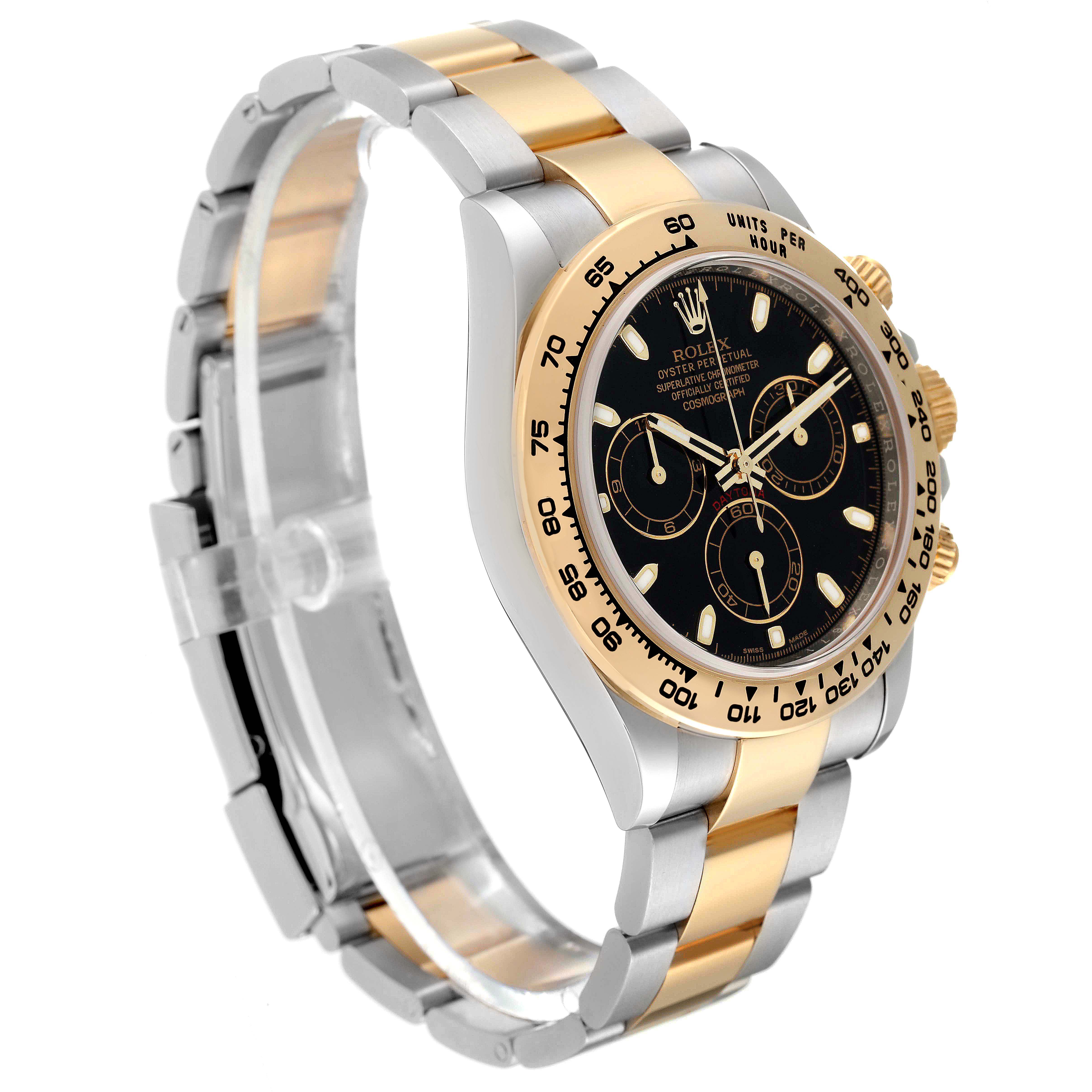The image shows a side angle of the Rolex Daytona 116503 Men's Steel and Gold (two tone) Black Dial 116503 Men's Steel and Gold (two tone) Black Dial watch, highlighting its black dial, two-tone bracelet, and bezel.