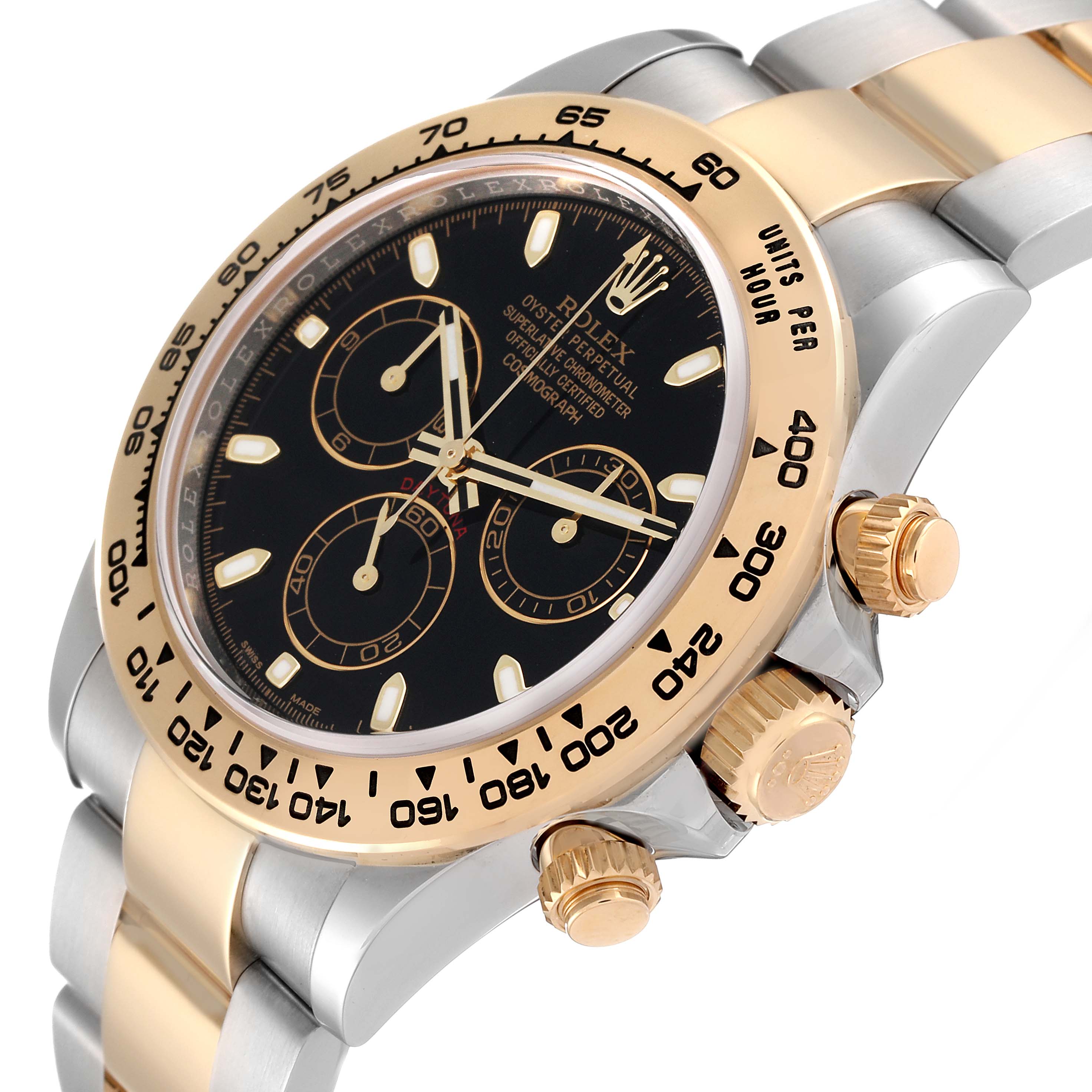 The image shows a side angle of a Rolex Daytona 116503 Men's Steel and Gold (two tone) Black Dial 116503 Men's Steel and Gold (two tone) Black Dial watch, highlighting its bezel, dial, and crown.