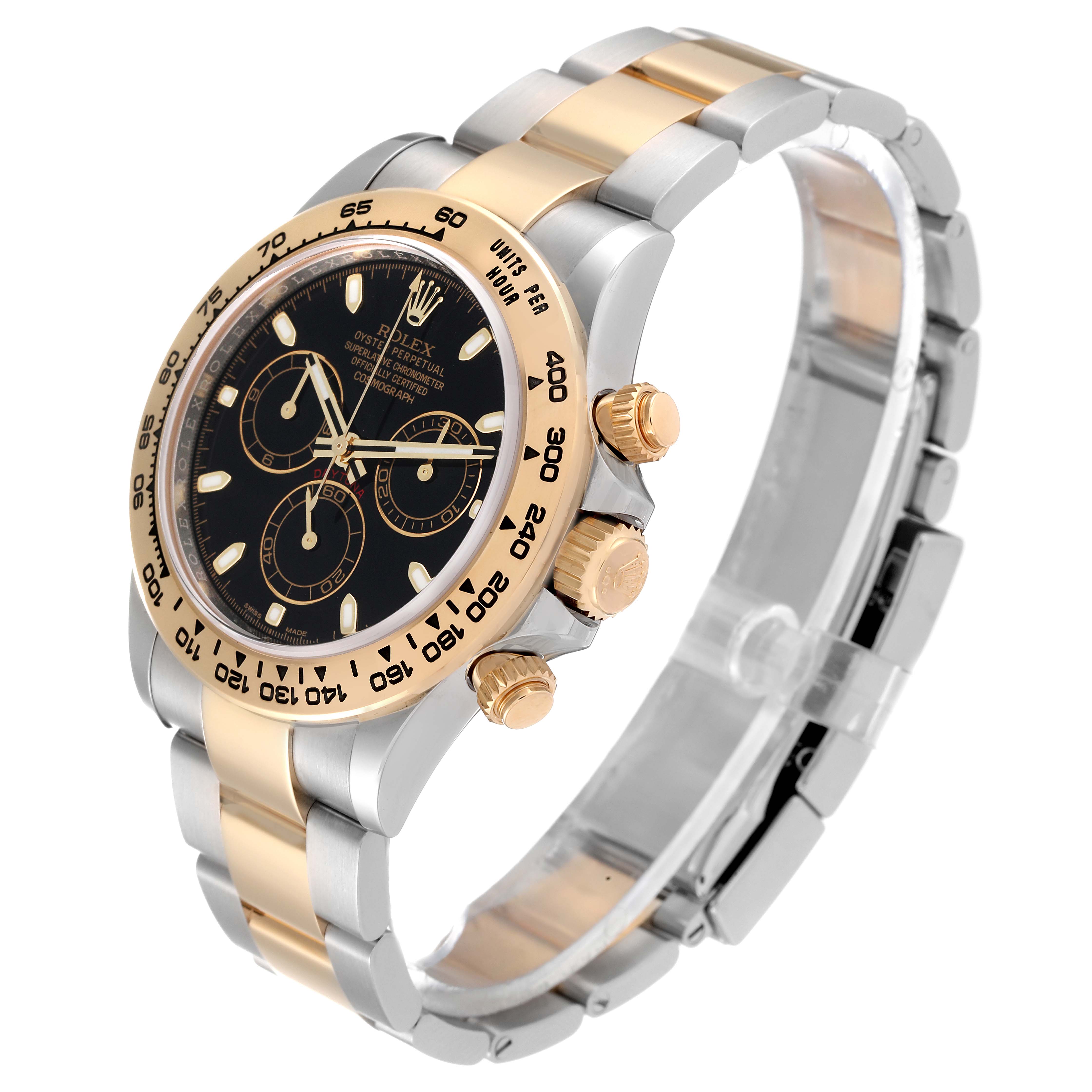 The Rolex Daytona 116503 Men's Steel and Gold (two tone) Black Dial 116503 Men's Steel and Gold (two tone) Black Dial watch shown is angled to display its face, crown, pushers, and two-tone bracelet.