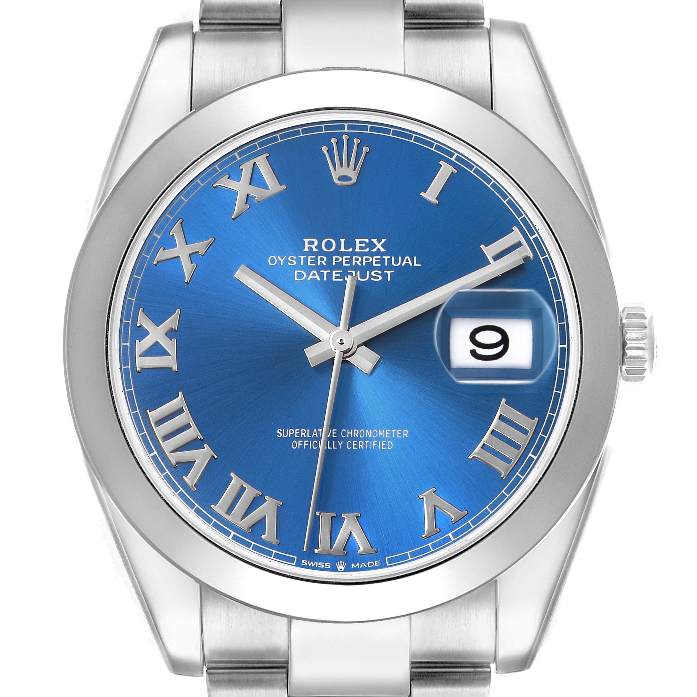 The Rolex Datejust 41 126300 Men's Stainless Steel Blue Dial watch is shown from a front angle, highlighting the blue dial and Roman numeral markers.