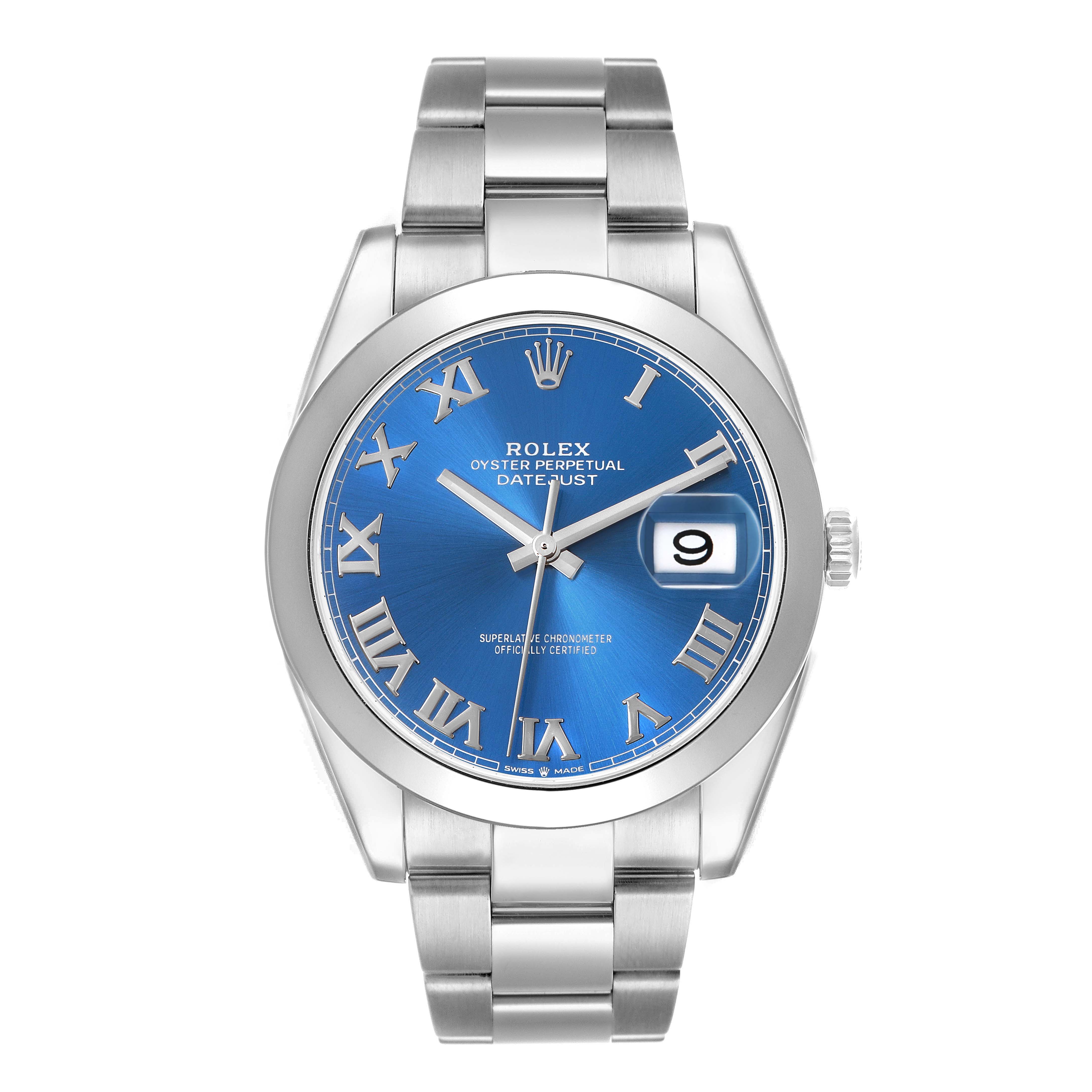 The Rolex Datejust 41 126300 Men's Stainless Steel Blue Dial is shown from the front, displaying the blue dial, Roman numerals, and metal bracelet.