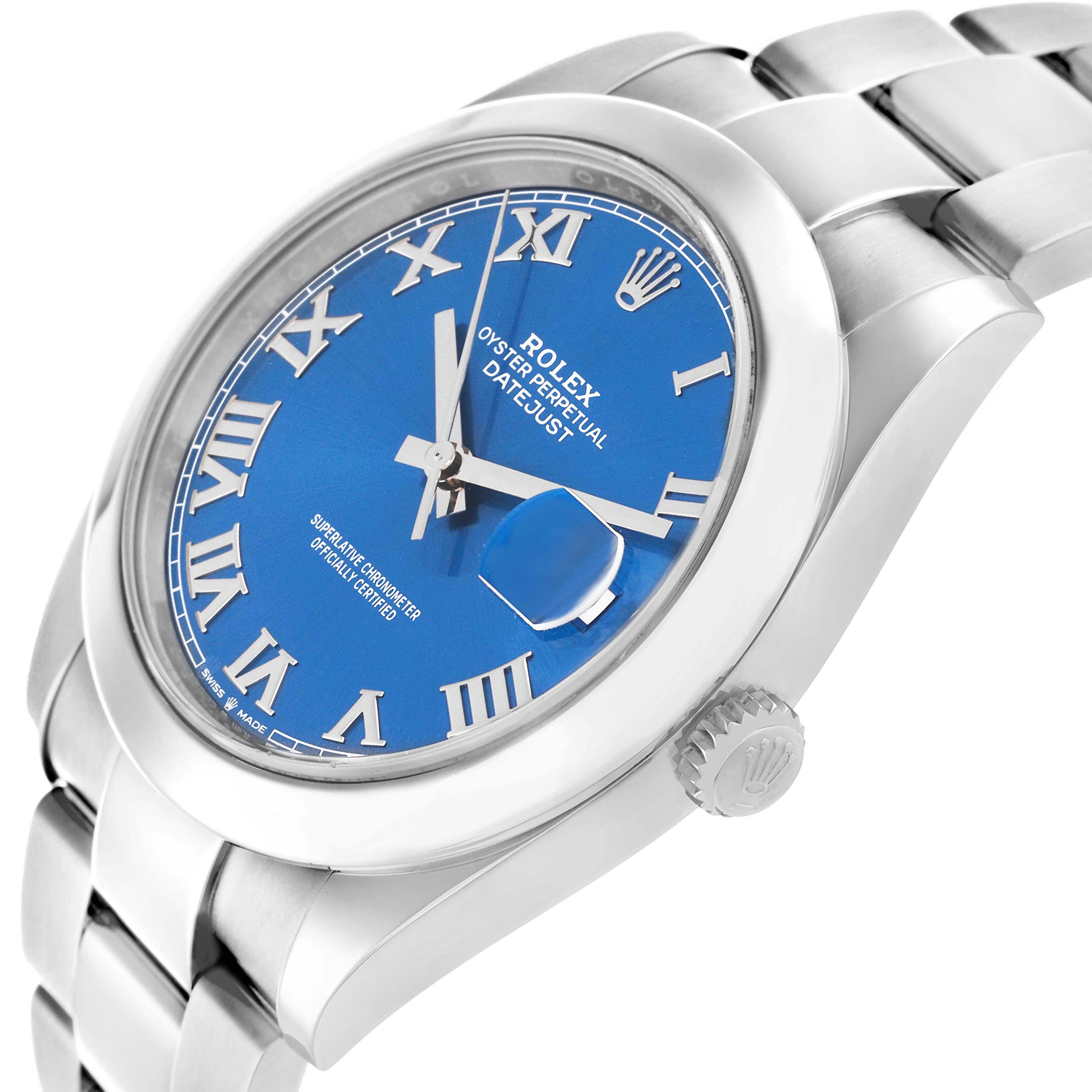 The Rolex Datejust 41 126300 Men's Stainless Steel Blue Dial is shown from a side angle, displaying the blue dial, bezel, crown, and part of the bracelet.