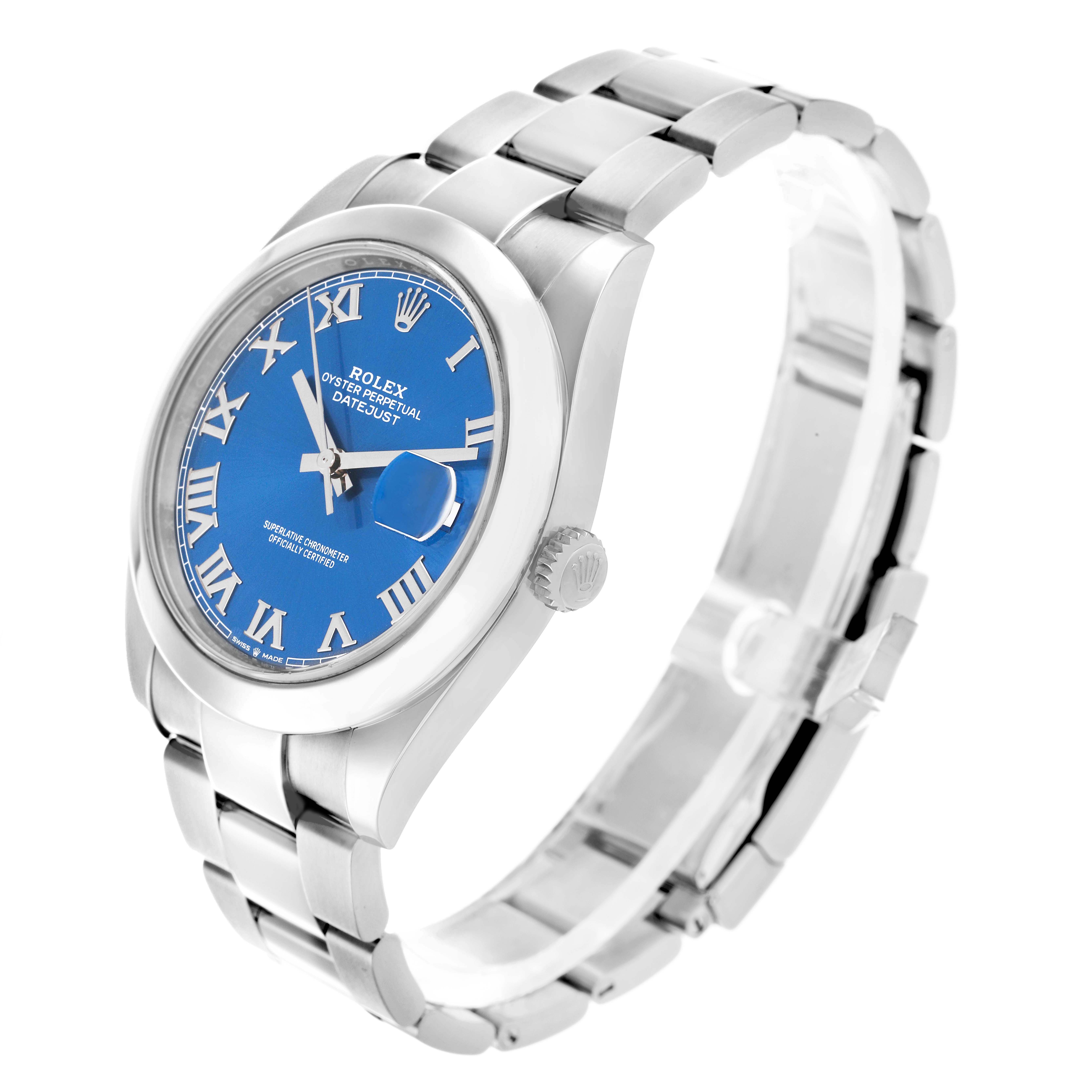 The Rolex Datejust 41 126300 Men's Stainless Steel Blue Dial is shown at a slight angle, highlighting the blue dial, Roman numerals, and stainless steel bracelet.
