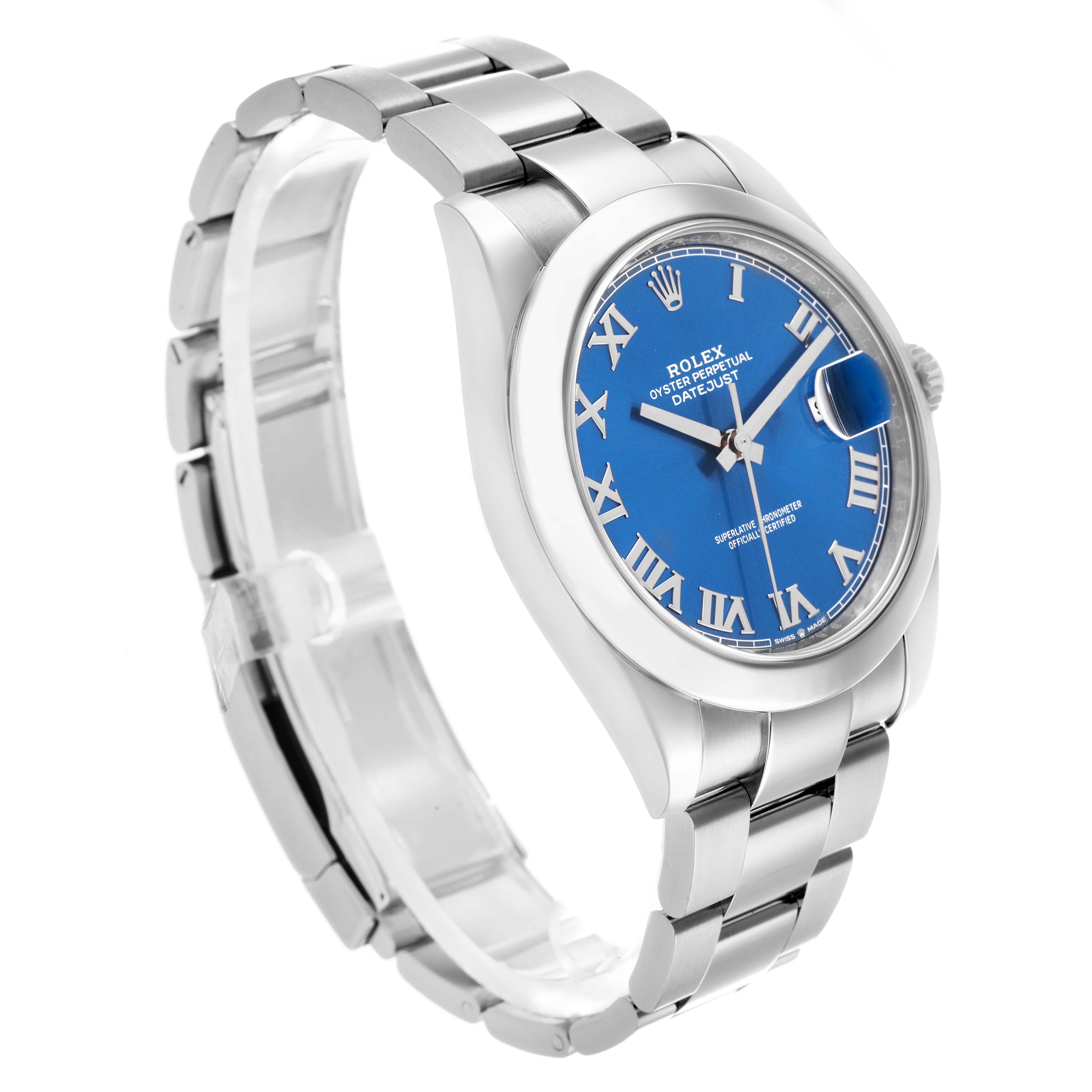 The Rolex Datejust 41 126300 Men's Stainless Steel Blue Dial is shown from a three-quarter angle, highlighting the blue dial, case, bezel, and bracelet.