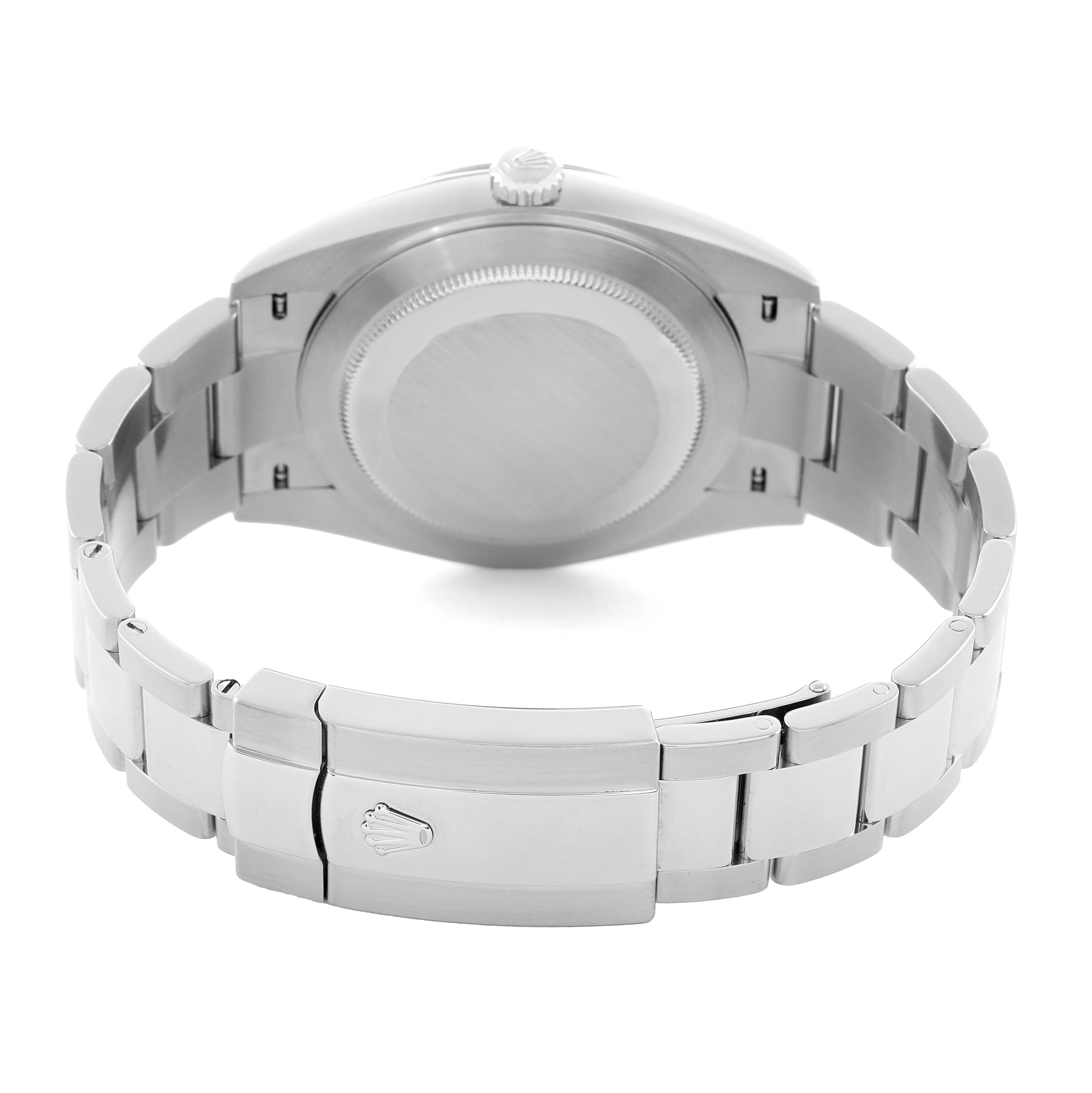 The image shows the back view of a Rolex Datejust 41 126300 Men's Stainless Steel Blue Dial, highlighting the case back and bracelet clasp.