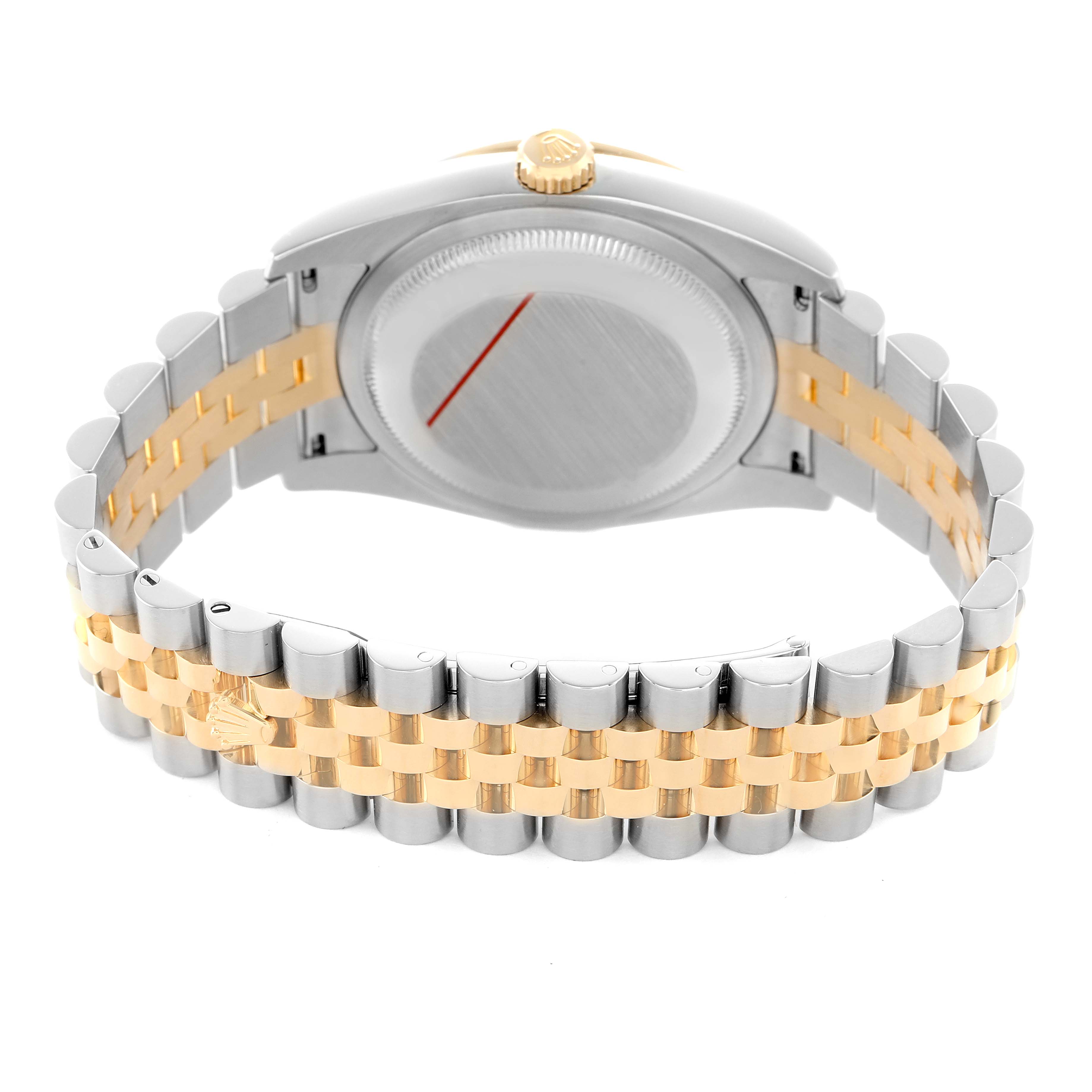 The image shows the back view of a Rolex Datejust 116243 Men's Steel and Gold (two tone) Blue Dial, highlighting the case back and Jubilee bracelet.