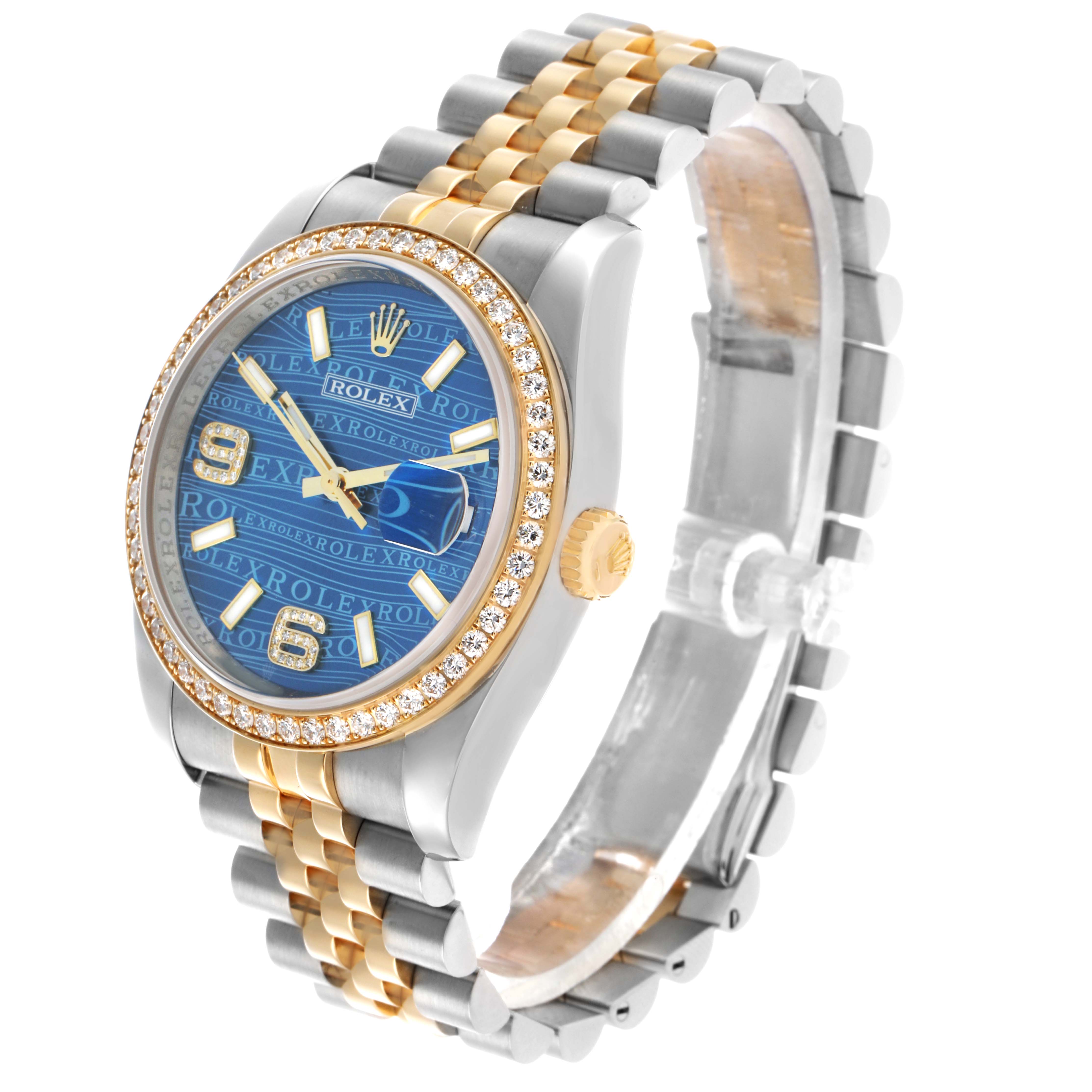 The Rolex Datejust 116243 Men's Steel and Gold (two tone) Blue Dial watch is shown at a slight angle, highlighting its face, bezel, crown, and bracelet.
