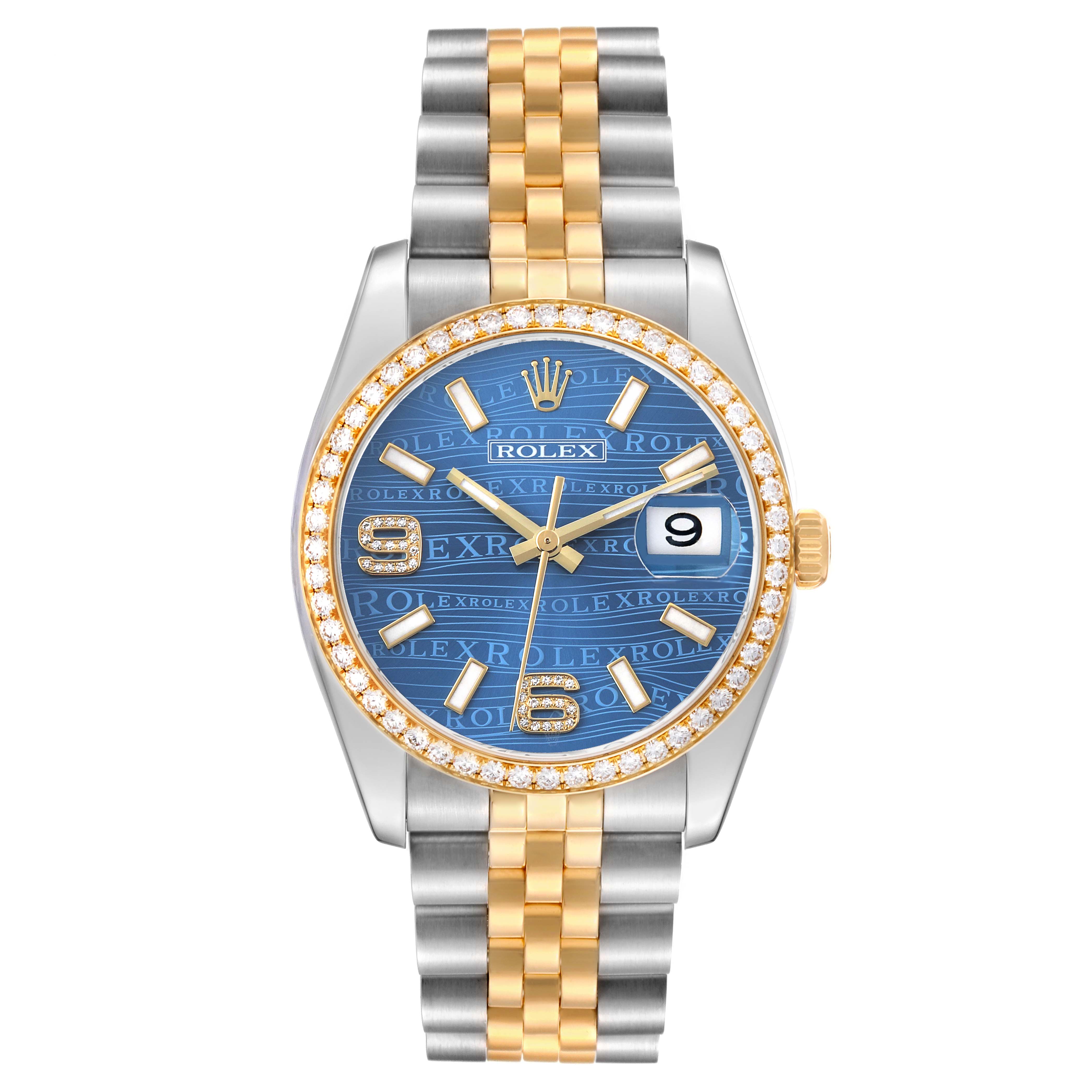 The Rolex Datejust 116243 Men's Steel and Gold (two tone) Blue Dial watch is shown from the front, highlighting its face, jubilee bracelet, and diamond-set bezel.