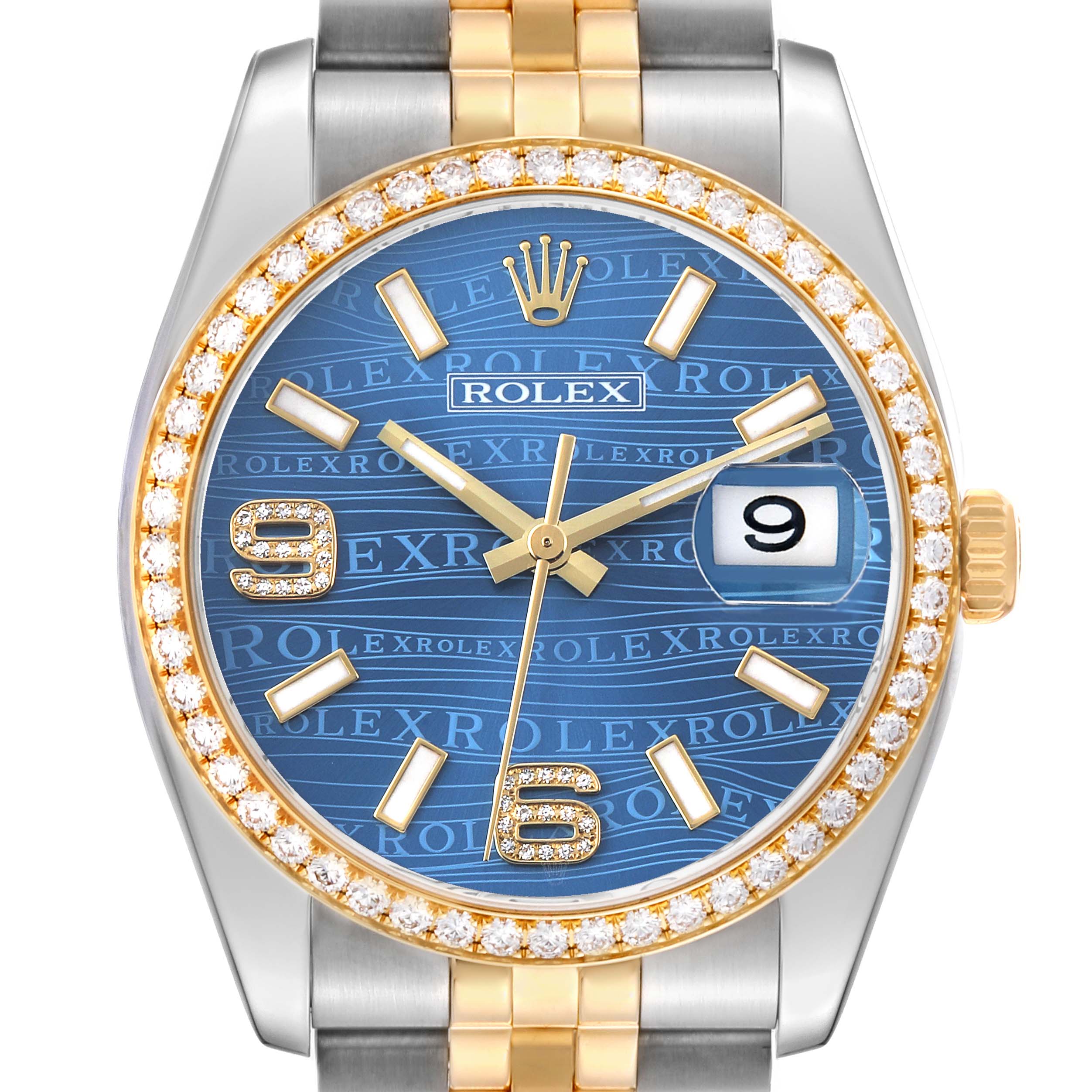 The Rolex Datejust 116243 Men's Steel and Gold (two tone) Blue Dial watch is shown from the front, highlighting its blue dial, diamond bezel, and two-tone bracelet.