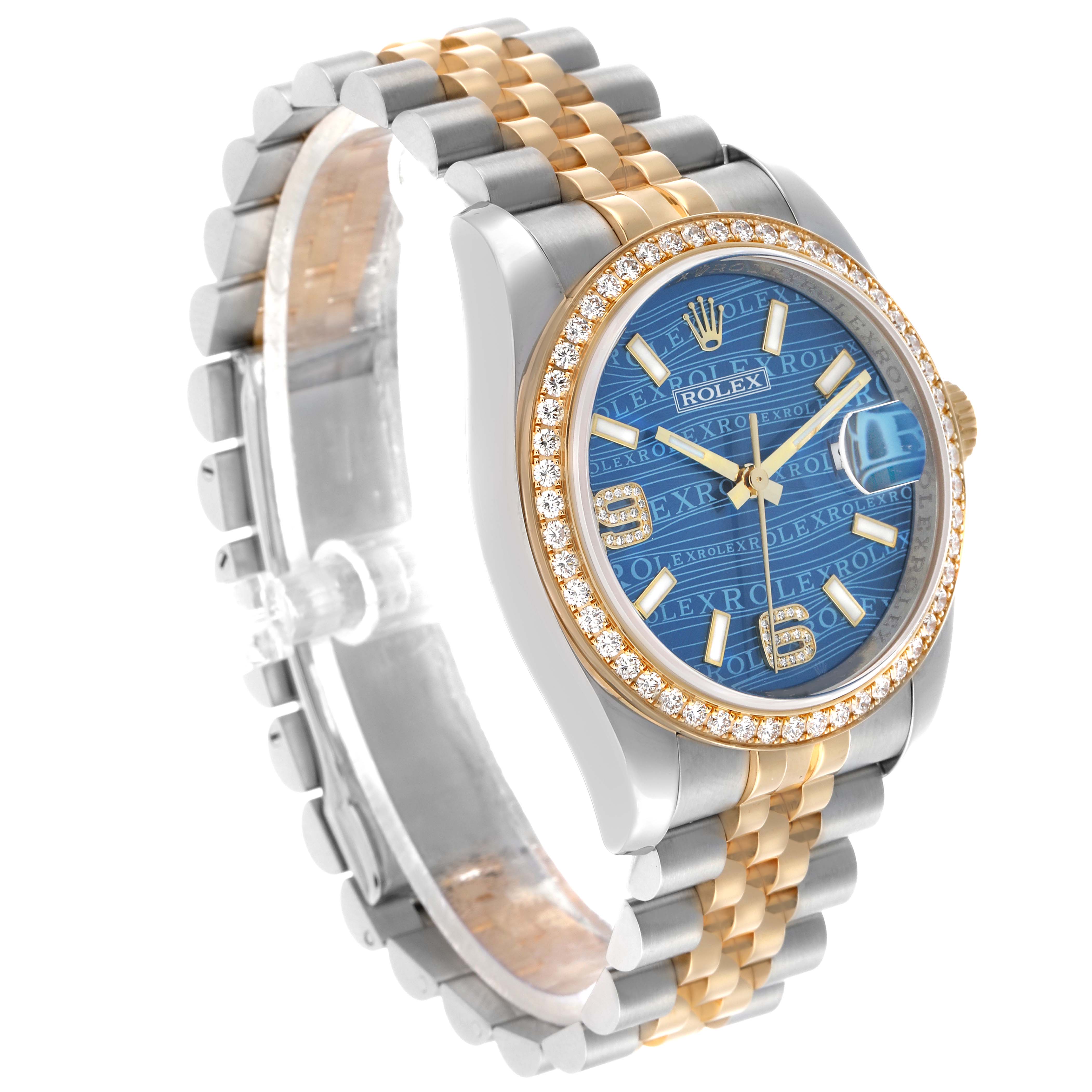 The Rolex Datejust 116243 Men's Steel and Gold (two tone) Blue Dial watch is shown at an angle highlighting the blue dial, gold bezel, and two-tone bracelet.