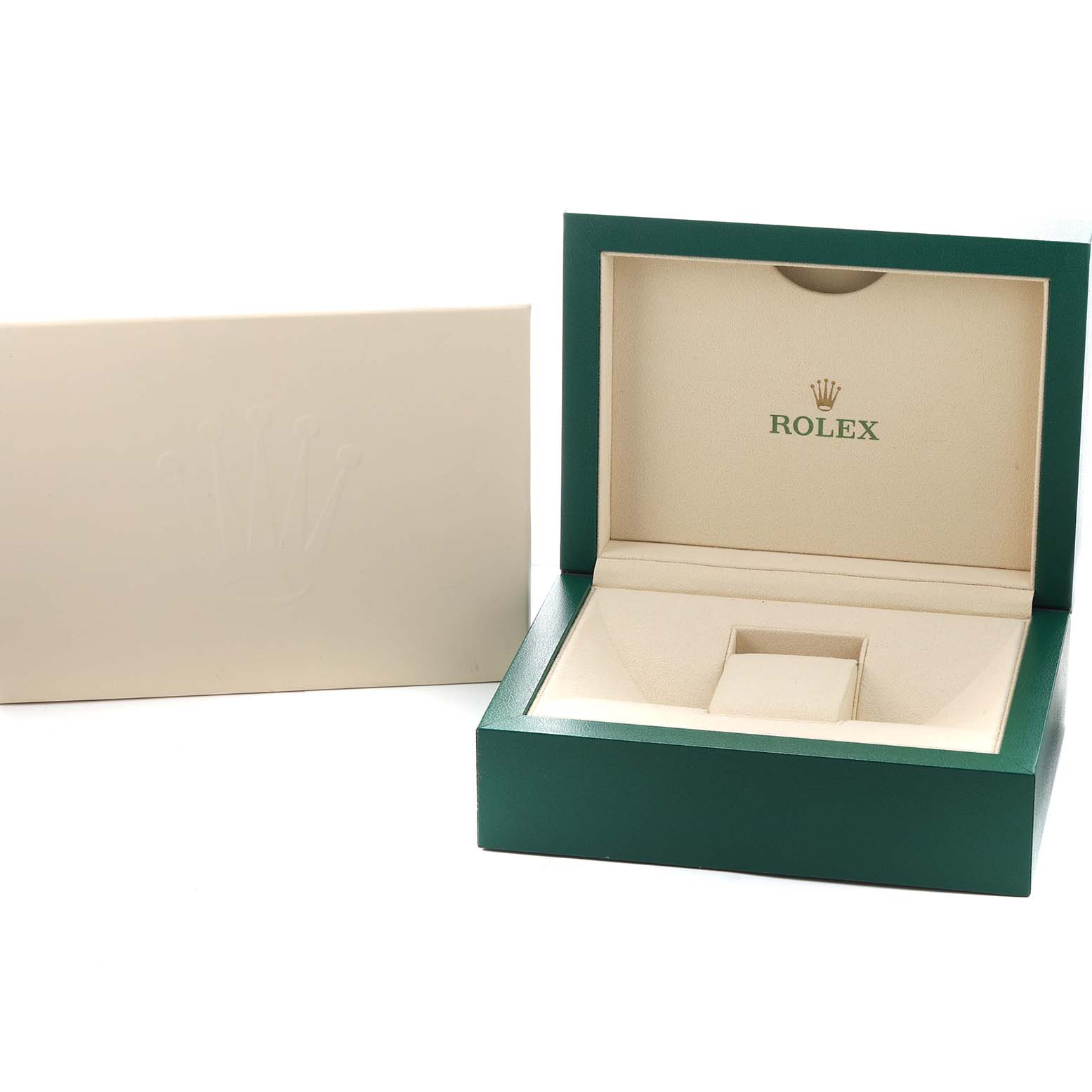 The image shows a Rolex Datejust 116243 Men's Steel and Gold (two tone) Blue Dial watch box, with the open lid and cushion slot visible from a front angle.