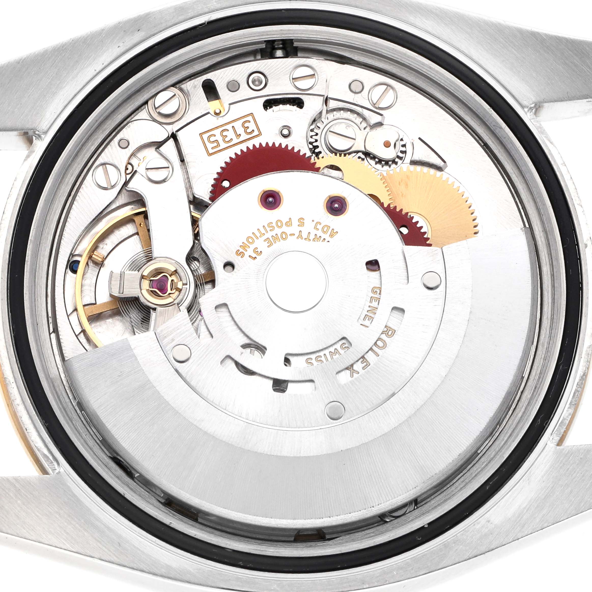 The image shows the movement mechanism of a Rolex Datejust 116243 Men's Steel and Gold (two tone) Blue Dial watch from a rear angle.