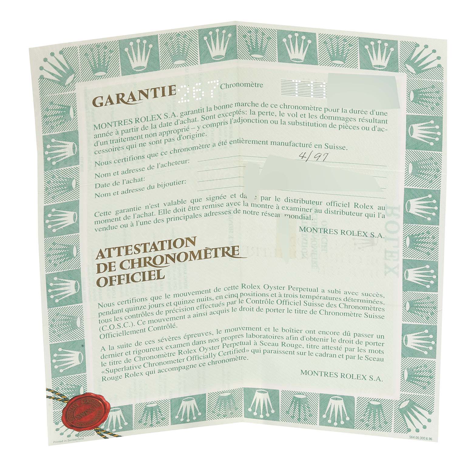 The image shows a warranty certificate and chronometer certificate for a Rolex Datejust 16233 Men's Steel and Gold (two tone) Champagne Dial 16233 Men's Steel and Gold (two tone) Champagne Dial watch displayed flat with green detailing.