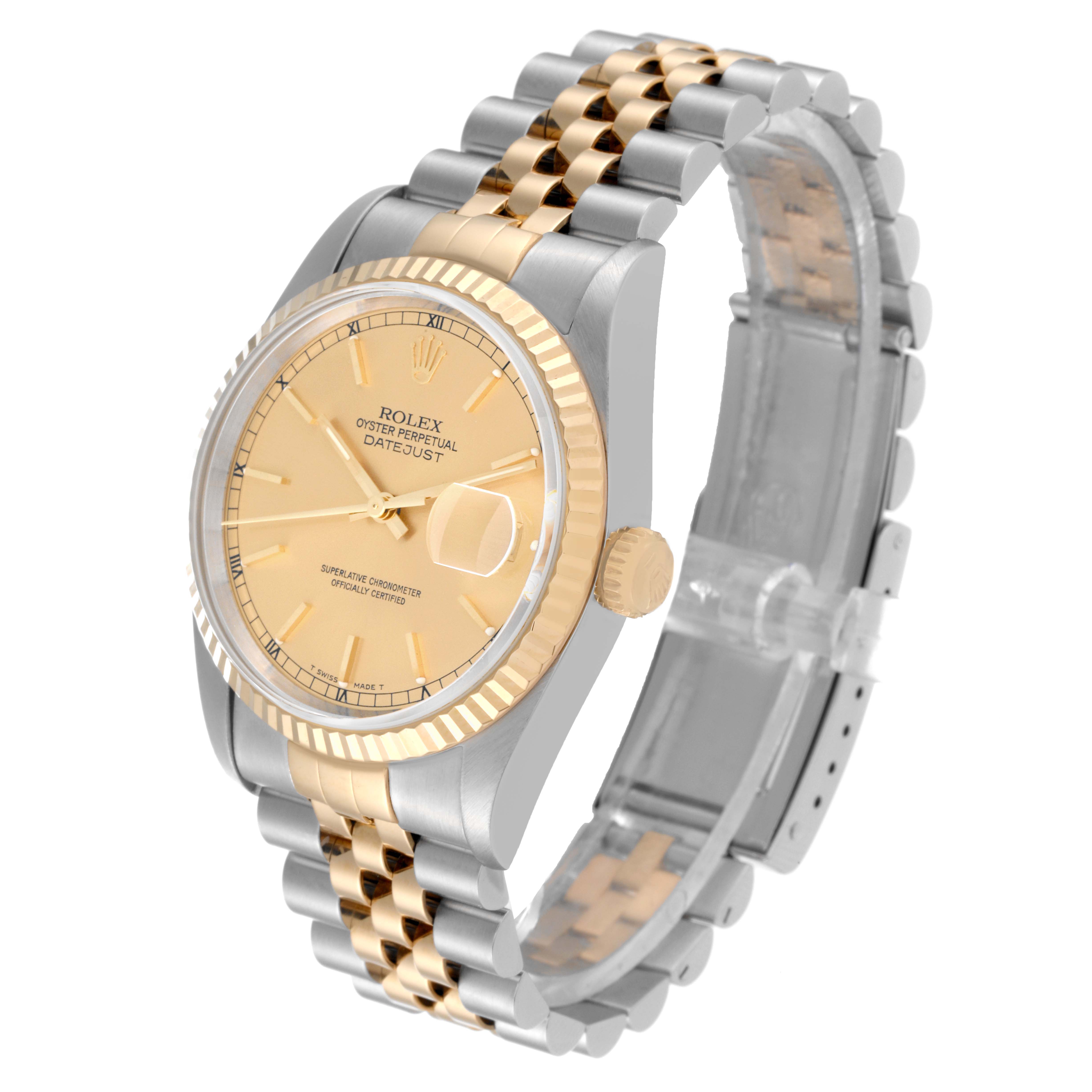 The Rolex Datejust 16233 Men's Steel and Gold (two tone) Champagne Dial 16233 Men's Steel and Gold (two tone) Champagne Dial watch is shown at a quarter angle, highlighting the dial, bezel, and part of the bracelet.