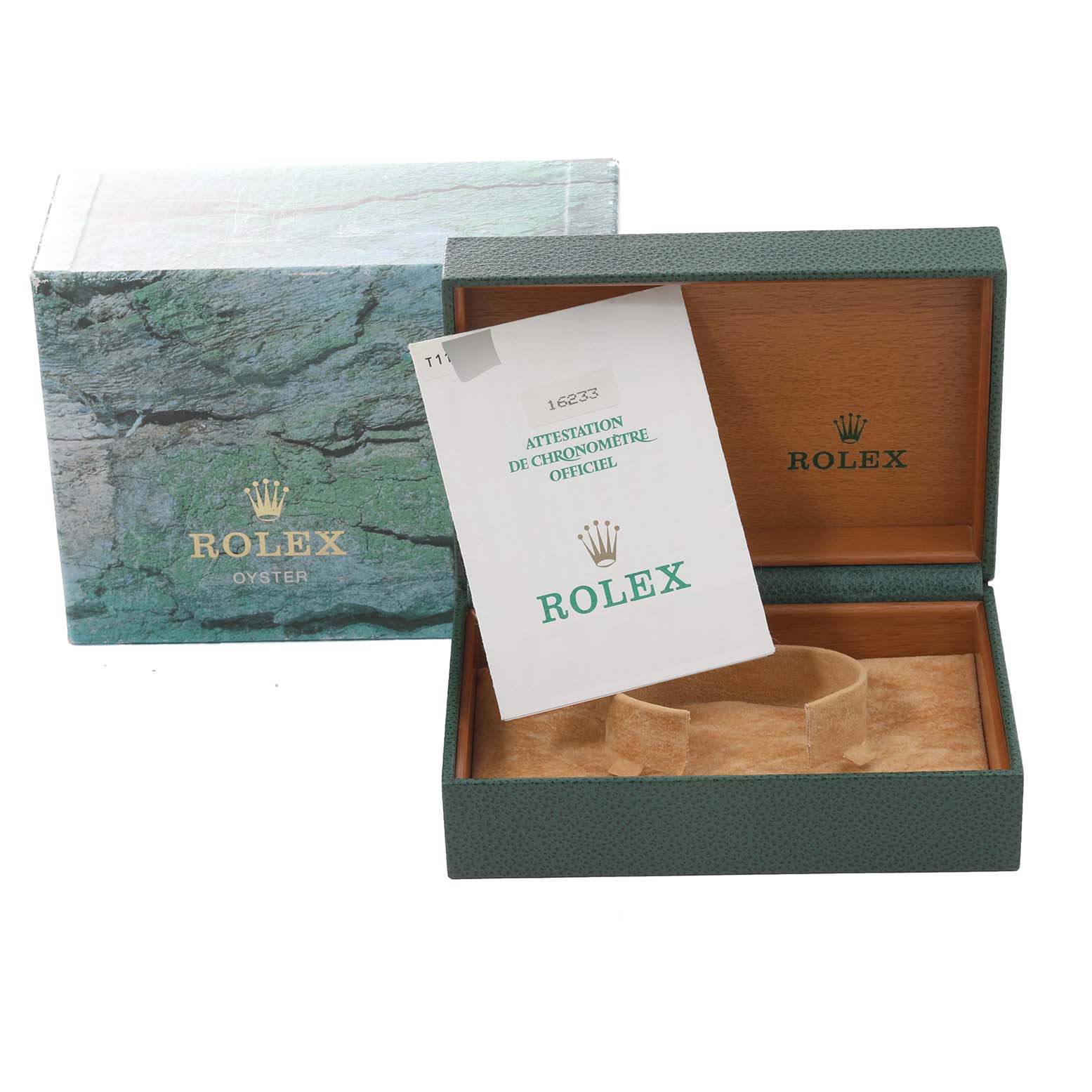 The image shows an open Rolex Datejust 16233 Men's Steel and Gold (two tone) Champagne Dial 16233 Men's Steel and Gold (two tone) Champagne Dial watch box with its certification booklet and outer packaging.