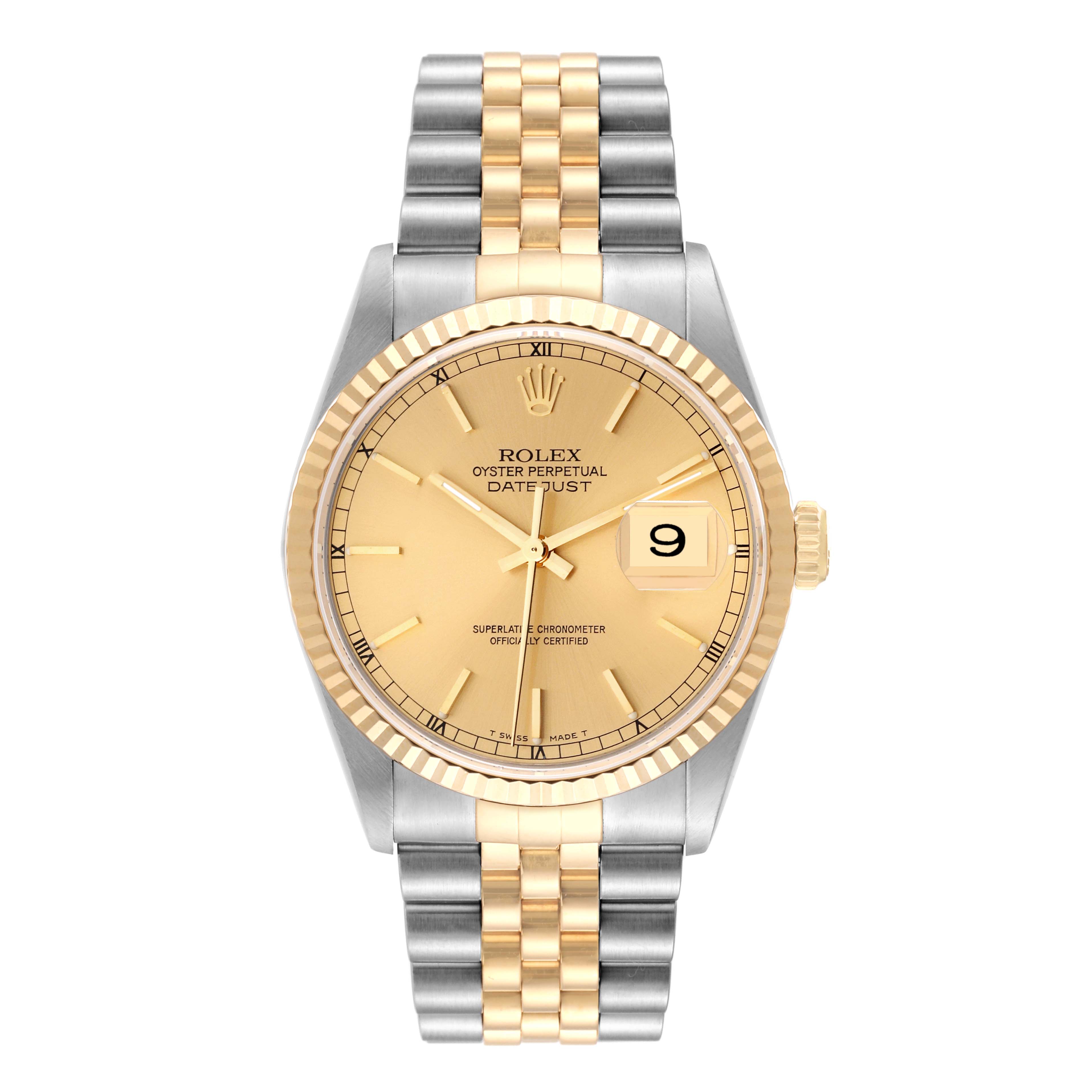 The Rolex Datejust 16233 Men's Steel and Gold (two tone) Champagne Dial 16233 Men's Steel and Gold (two tone) Champagne Dial watch is shown from the front, displaying the dial, bezel, and jubilee bracelet.