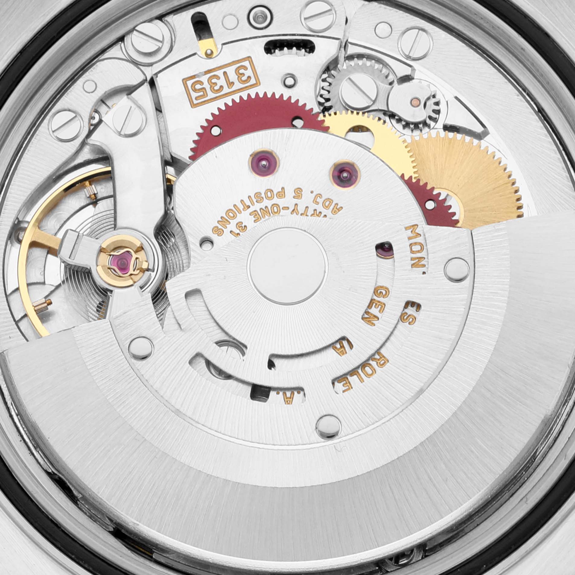 This is a close-up view of the Rolex Datejust 16233 Men's Steel and Gold (two tone) Champagne Dial 16233 Men's Steel and Gold (two tone) Champagne Dial movement mechanism, showcasing gears and internal components.