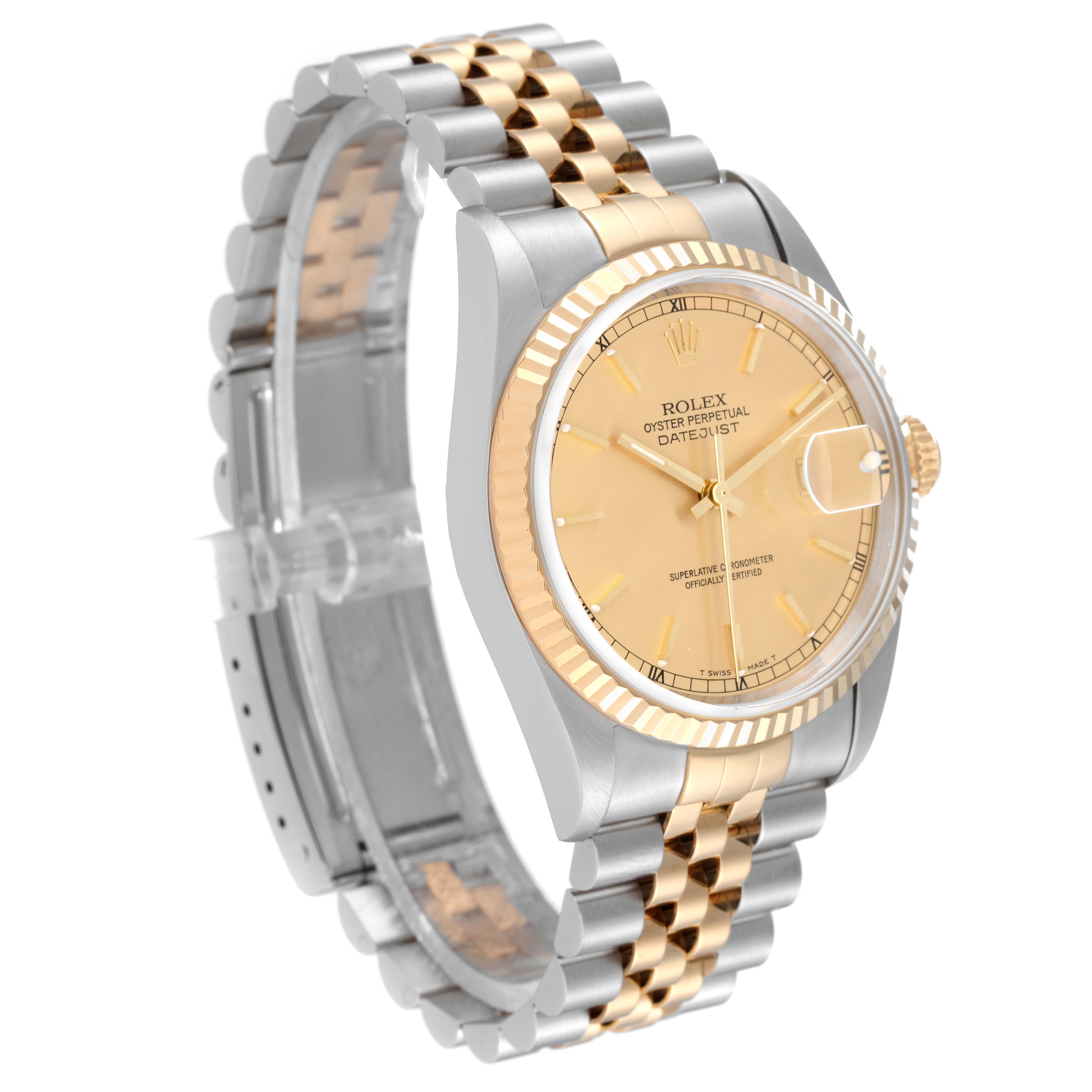 This image shows a side angle of a Rolex Datejust 16233 Men's Steel and Gold (two tone) Champagne Dial 16233 Men's Steel and Gold (two tone) Champagne Dial watch, highlighting its two-tone bracelet, champagne dial, and fluted bezel.