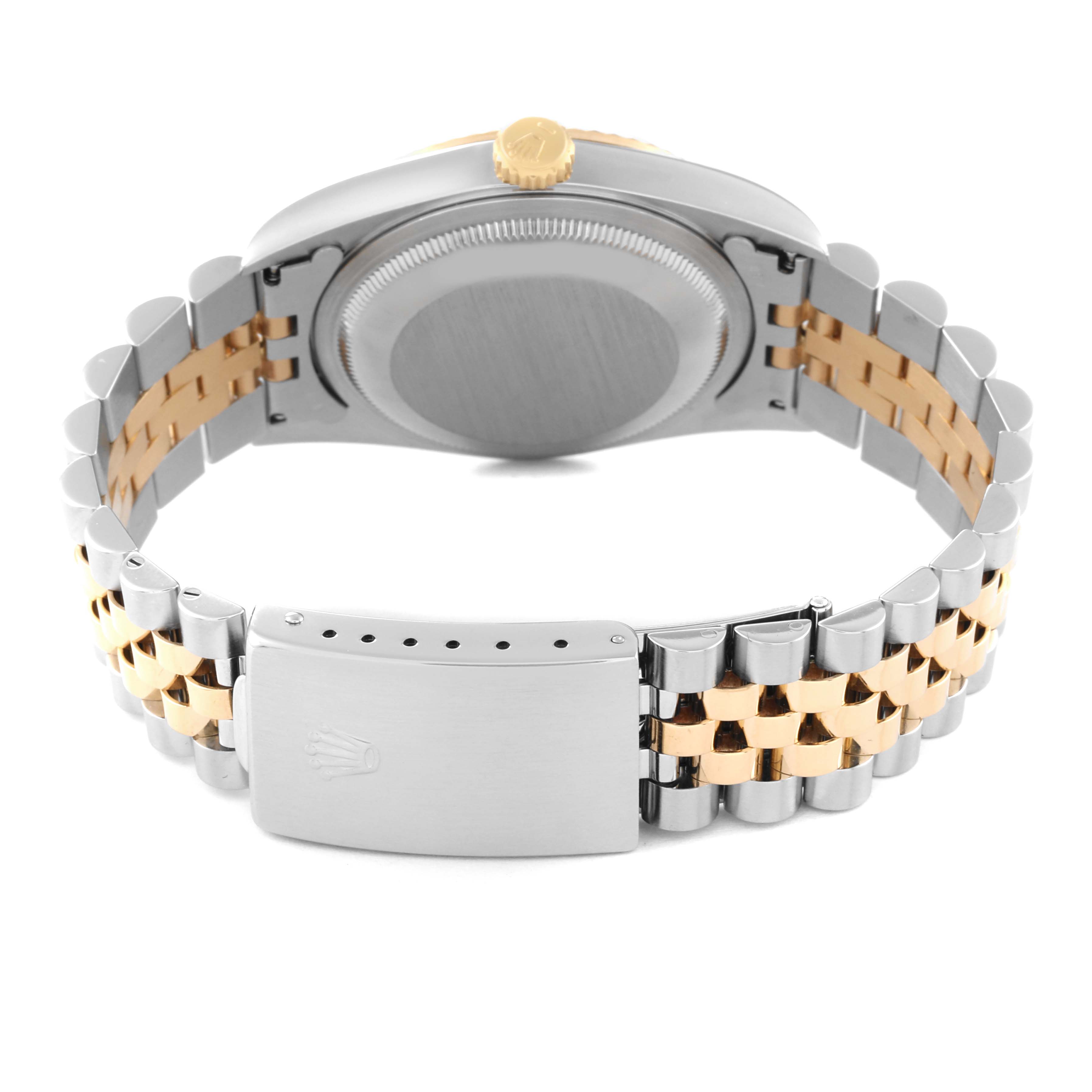 The image shows the back angle of a Rolex Datejust 16233 Men's Steel and Gold (two tone) Champagne Dial 16233 Men's Steel and Gold (two tone) Champagne Dial watch, highlighting the bracelet and clasp.