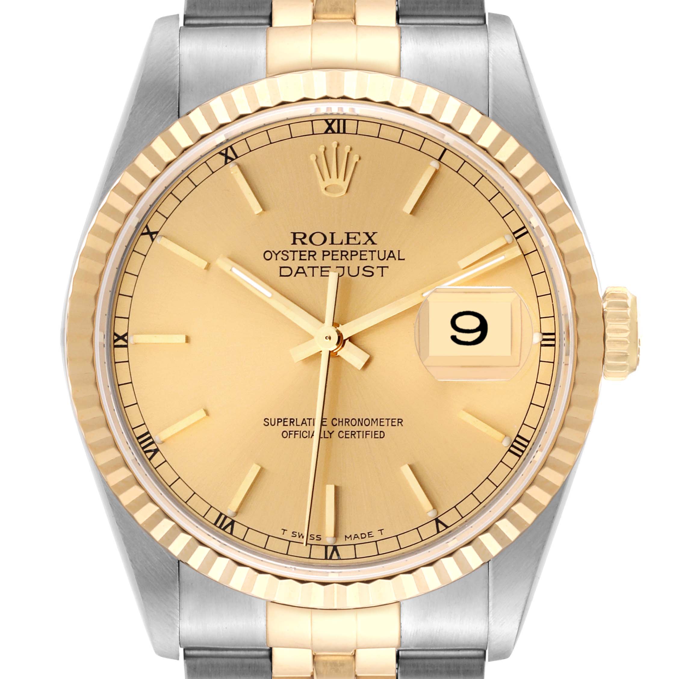 The image shows a front view of the Rolex Datejust 16233 Men's Steel and Gold (two tone) Champagne Dial 16233 Men's Steel and Gold (two tone) Champagne Dial watch, highlighting the dial, bezel, and part of the bracelet.