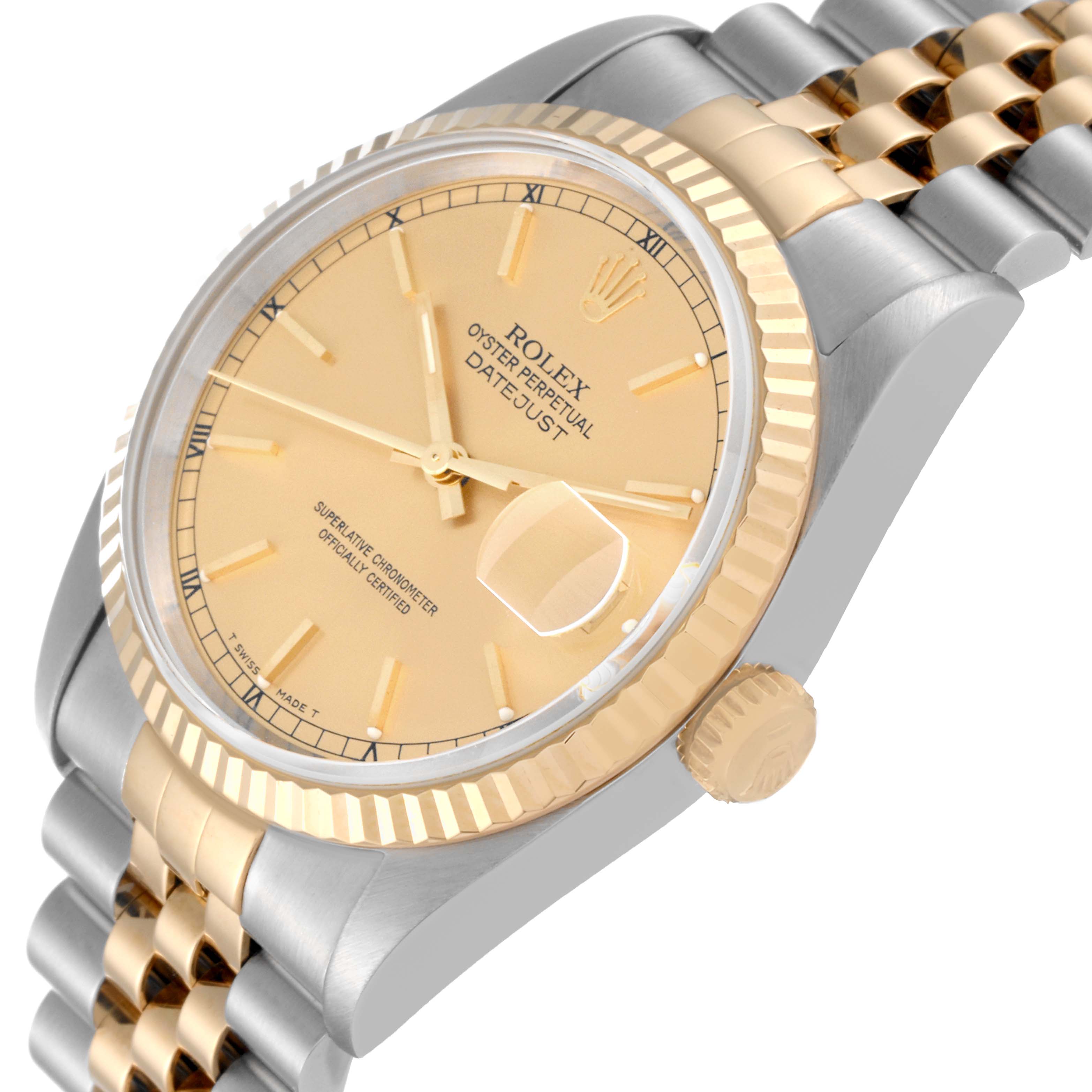 The image shows a side angle view of a Rolex Datejust 16233 Men's Steel and Gold (two tone) Champagne Dial 16233 Men's Steel and Gold (two tone) Champagne Dial watch, highlighting its dial, crown, and two-tone bracelet.