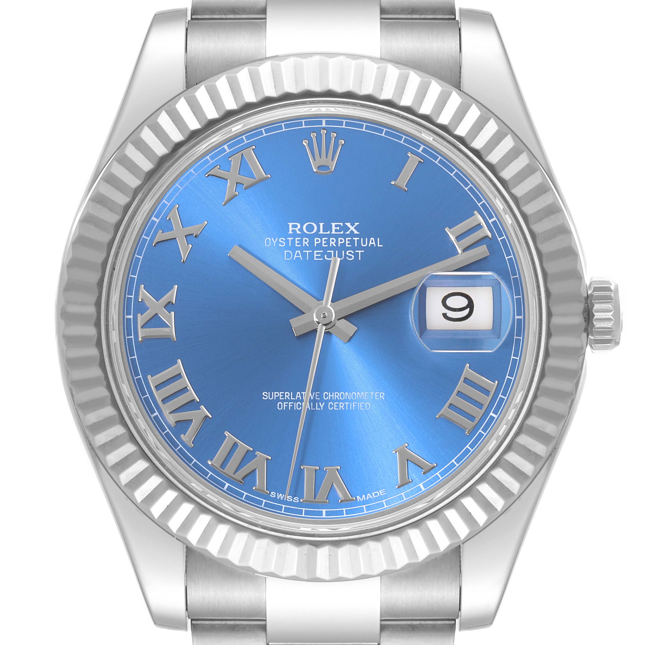 The image shows a front view of the Rolex Datejust 41 116334 Men
s Stainless Steel Blue Dial 116334 Men
s Stainless Steel Blue Dial watch, highlighting its blue dial, silver Roman numerals, and fluted bezel.