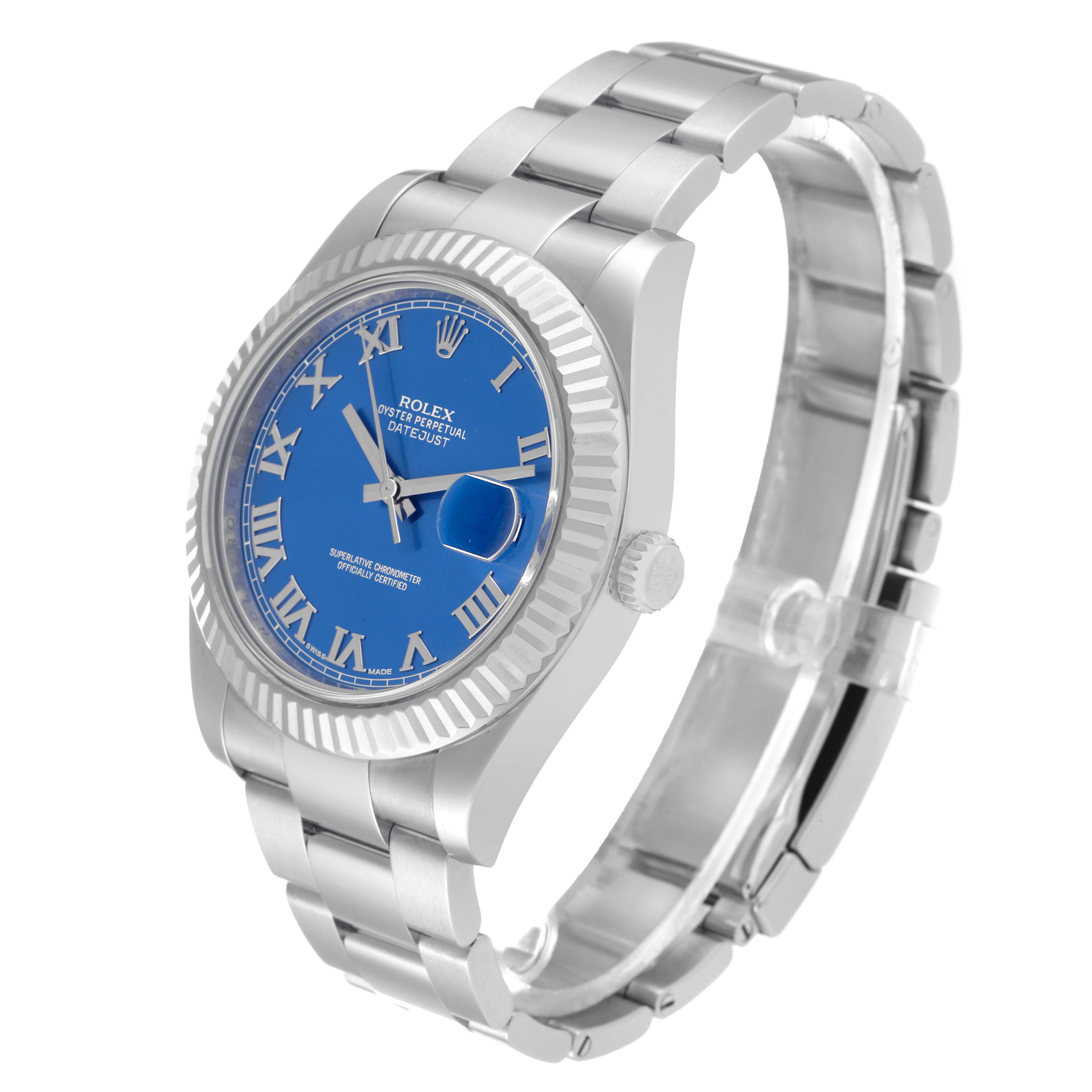 The image shows a Rolex Datejust 41 116334 Men
s Stainless Steel Blue Dial 116334 Men
s Stainless Steel Blue Dial watch at a three-quarter angle, highlighting its blue dial, Roman numerals, and Oyster bracelet.