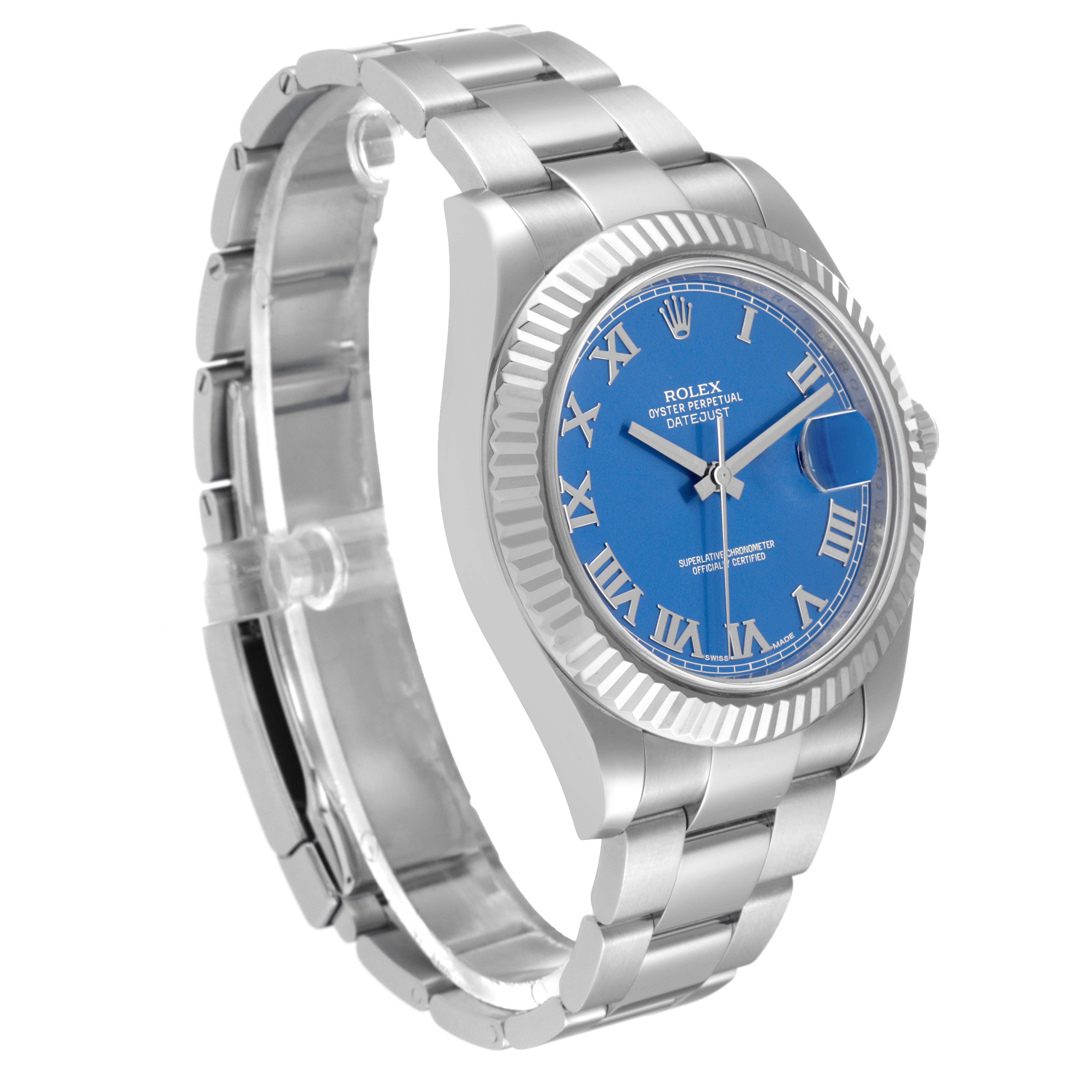 The image shows a side angle view of the Rolex Datejust 41 116334 Men
s Stainless Steel Blue Dial 116334 Men
s Stainless Steel Blue Dial watch, highlighting its blue dial, silver bracelet, and fluted bezel.