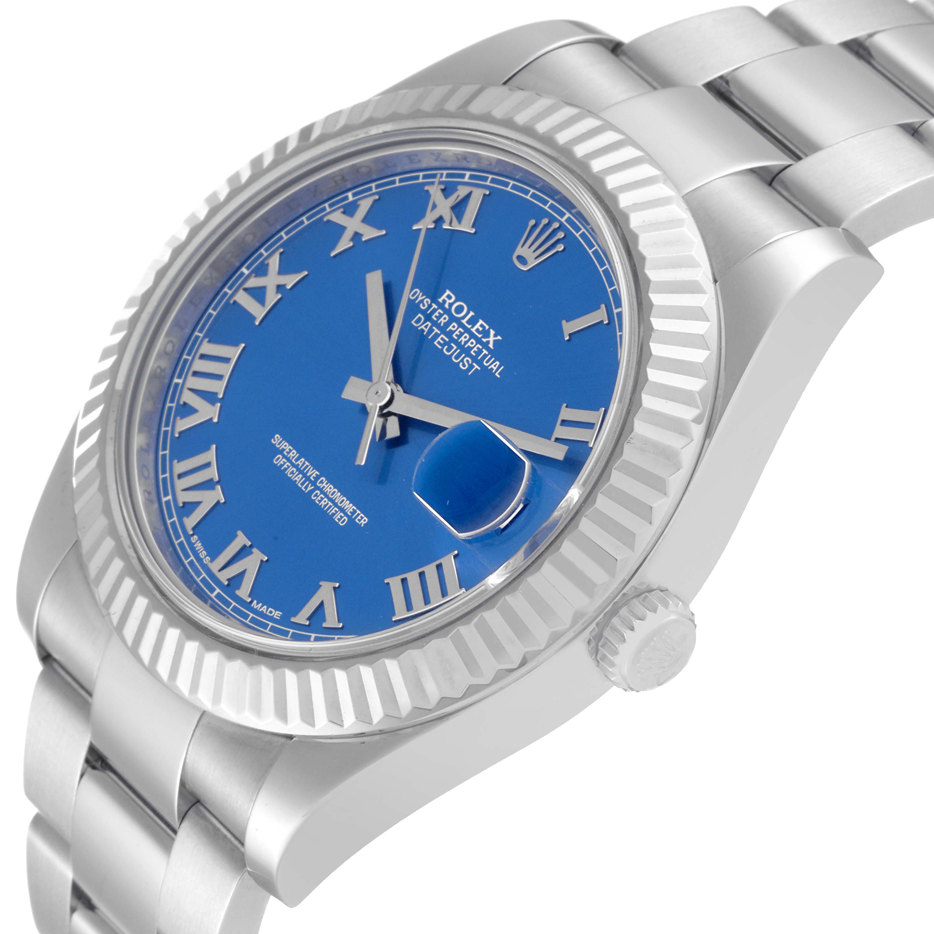 The image shows a side angle of the Rolex Datejust 41 116334 Men
s Stainless Steel Blue Dial 116334 Men
s Stainless Steel Blue Dial watch, highlighting its blue dial, bezel, and part of the bracelet.