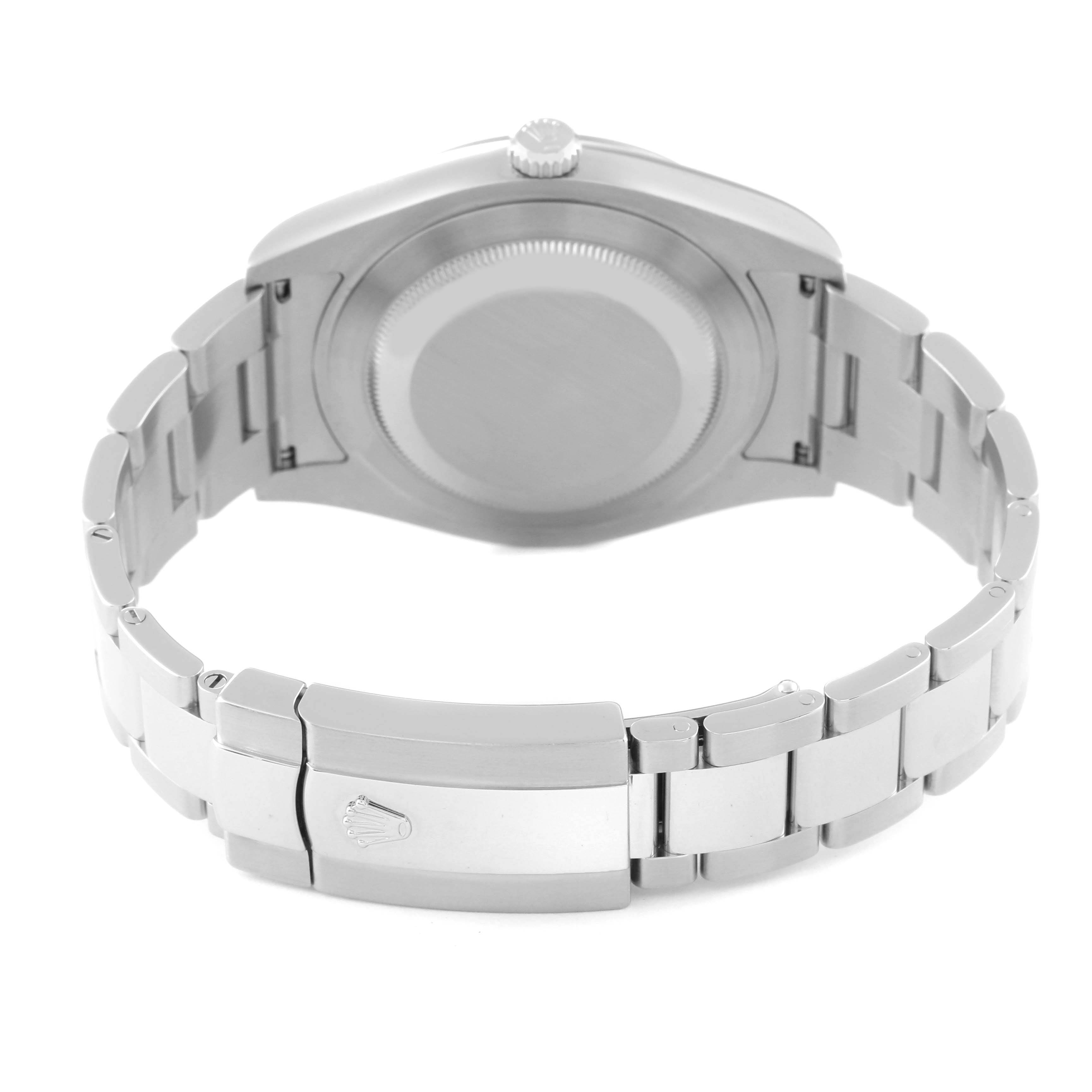 The image shows the back case and bracelet, including the clasp, of the Rolex Datejust 41 116334 Men
s Stainless Steel Blue Dial 116334 Men
s Stainless Steel Blue Dial watch.