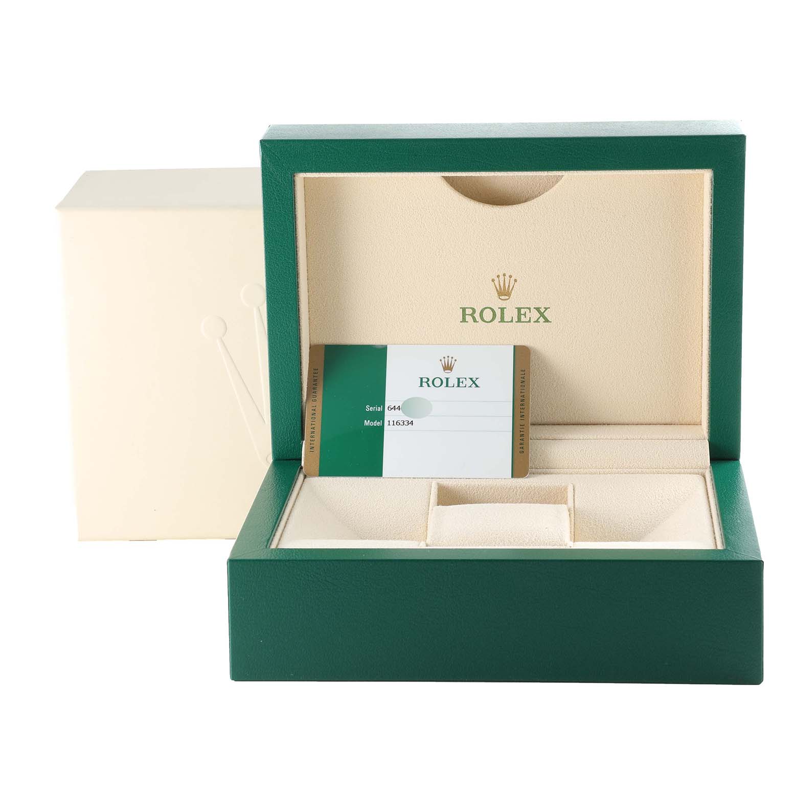 The image shows the open box and warranty card for a Rolex Datejust 41 116334 Men
s Stainless Steel Blue Dial 116334 Men
s Stainless Steel Blue Dial model.