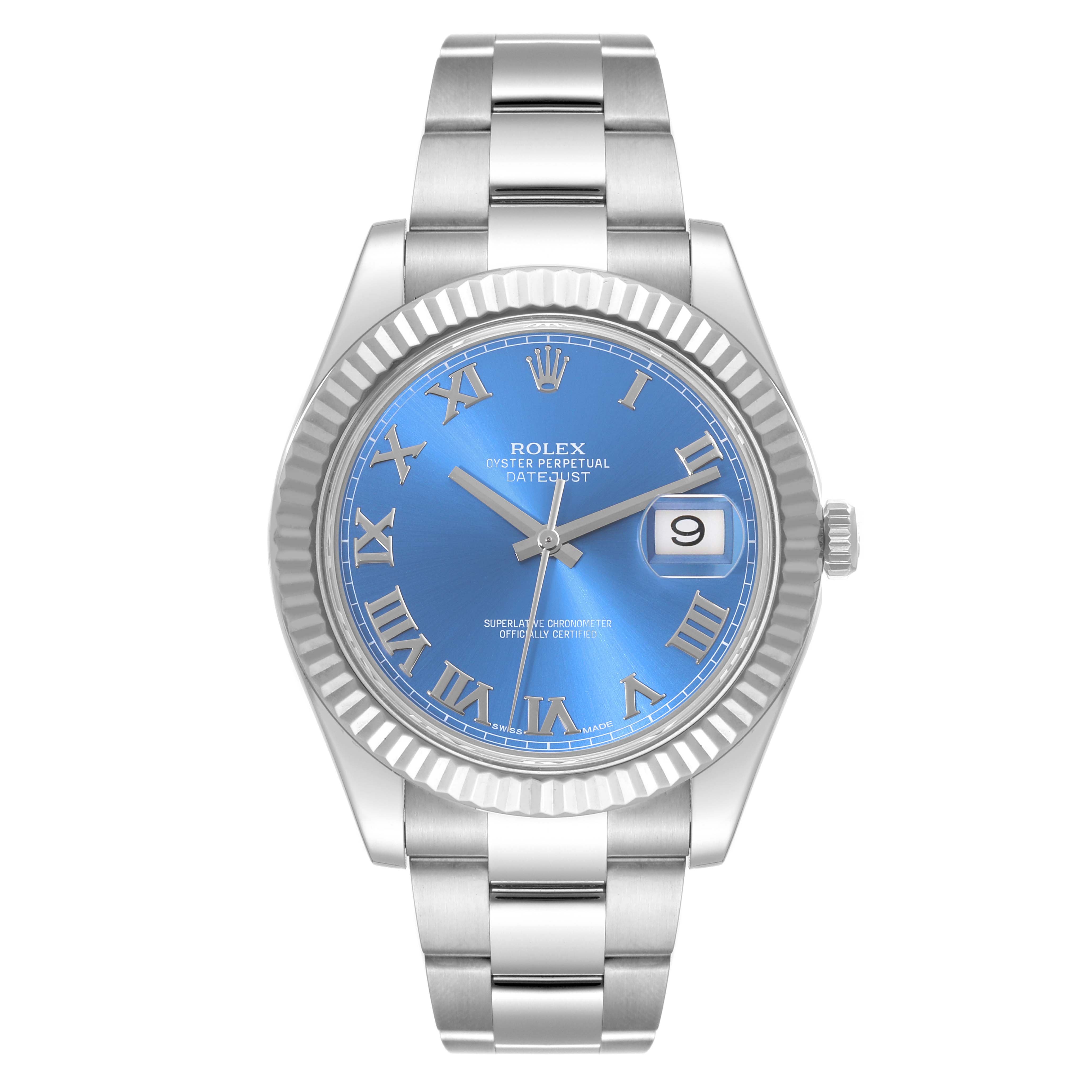 This image shows a front view of the Rolex Datejust 41 116334 Men
s Stainless Steel Blue Dial 116334 Men
s Stainless Steel Blue Dial model, highlighting its blue dial, fluted bezel, and stainless steel bracelet.